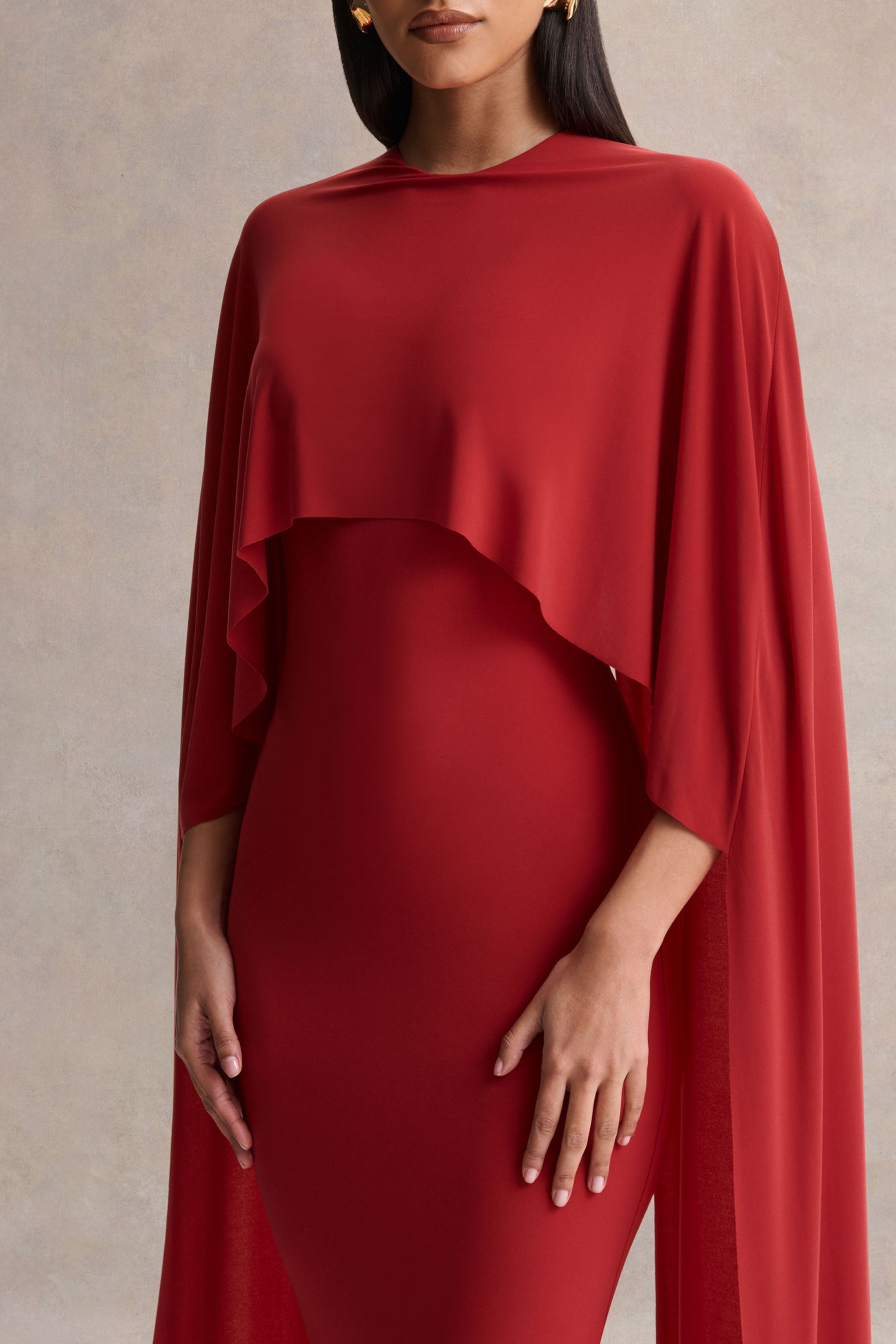 Kalani | Red Crew-Neck Midi Dress With Cape-Sleeves