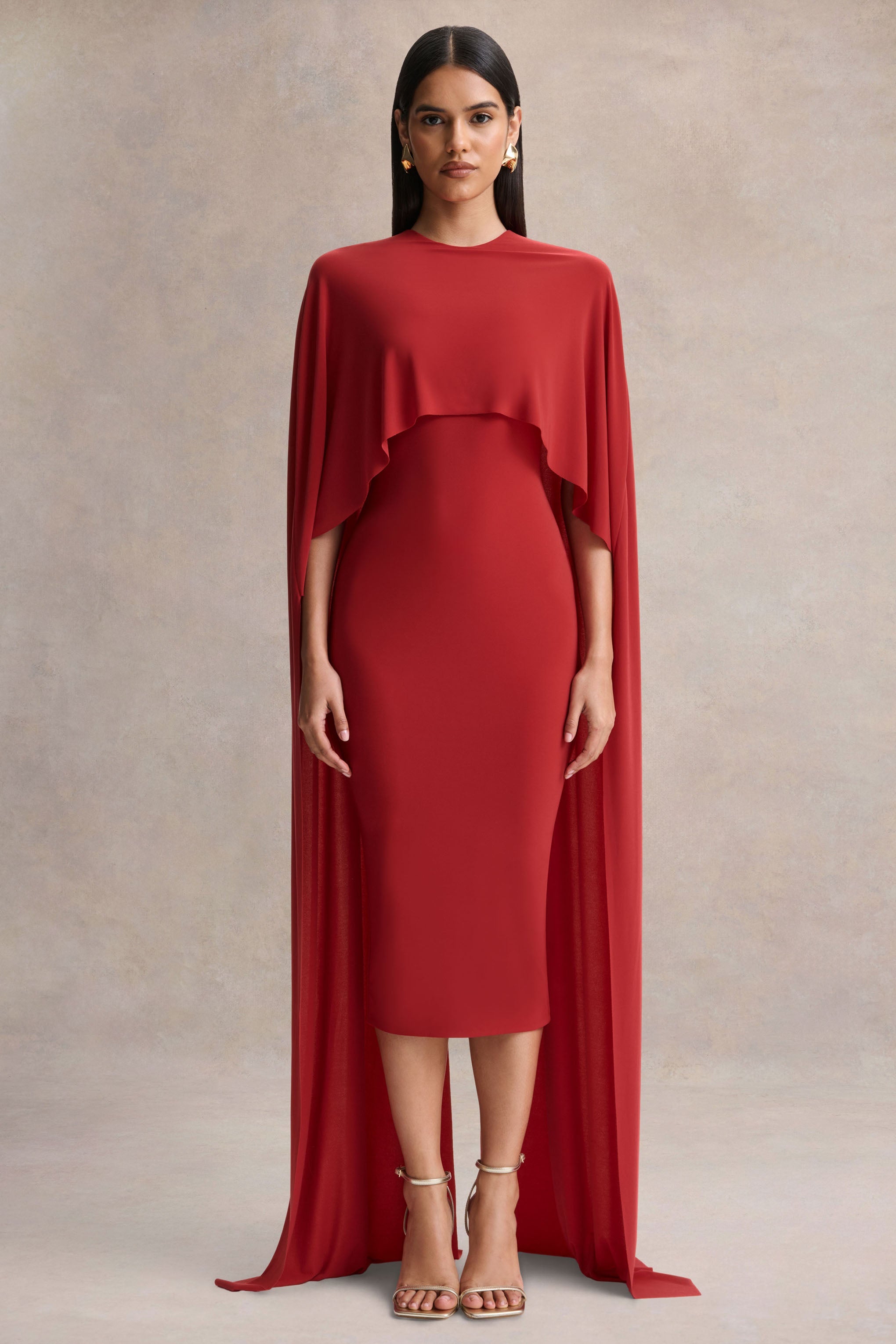 Kalani | Red Crew-Neck Midi Dress With Cape-Sleeves
