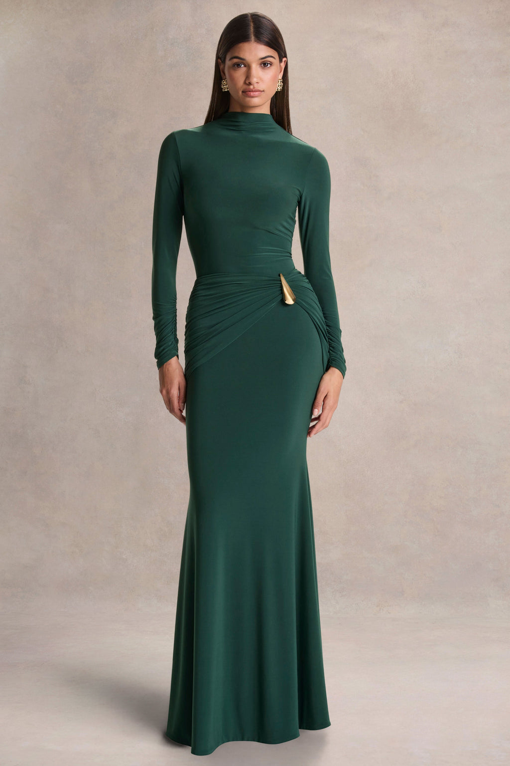 Solarium | Dark Green Long-Sleeve Maxi Dress With Gold Detail