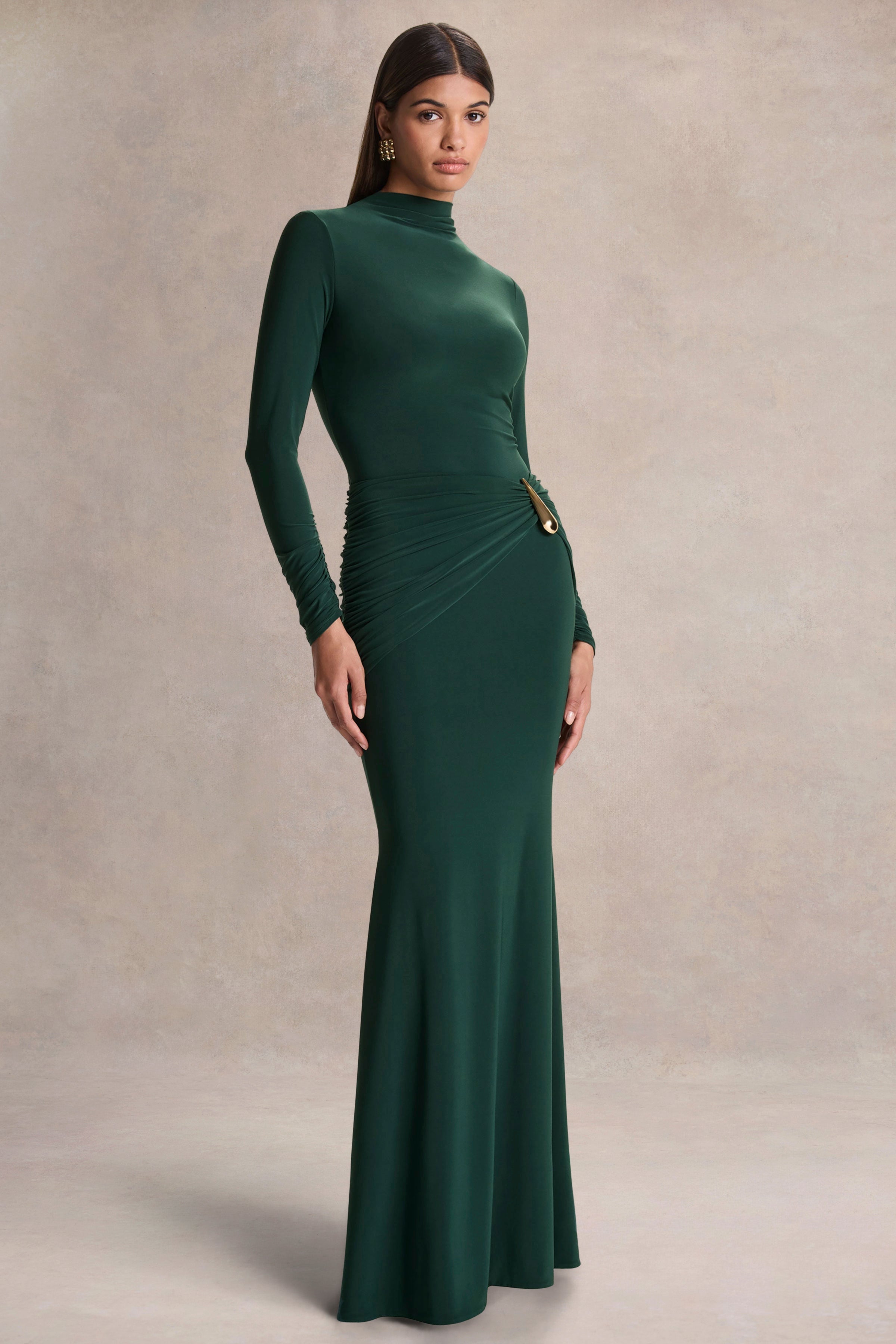 Solarium | Dark Green Long-Sleeve Maxi Dress With Gold Detail