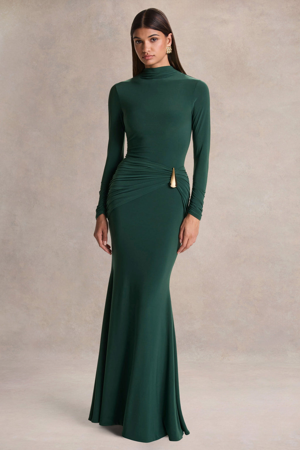 Solarium | Dark Green Long-Sleeve Maxi Dress With Gold Detail