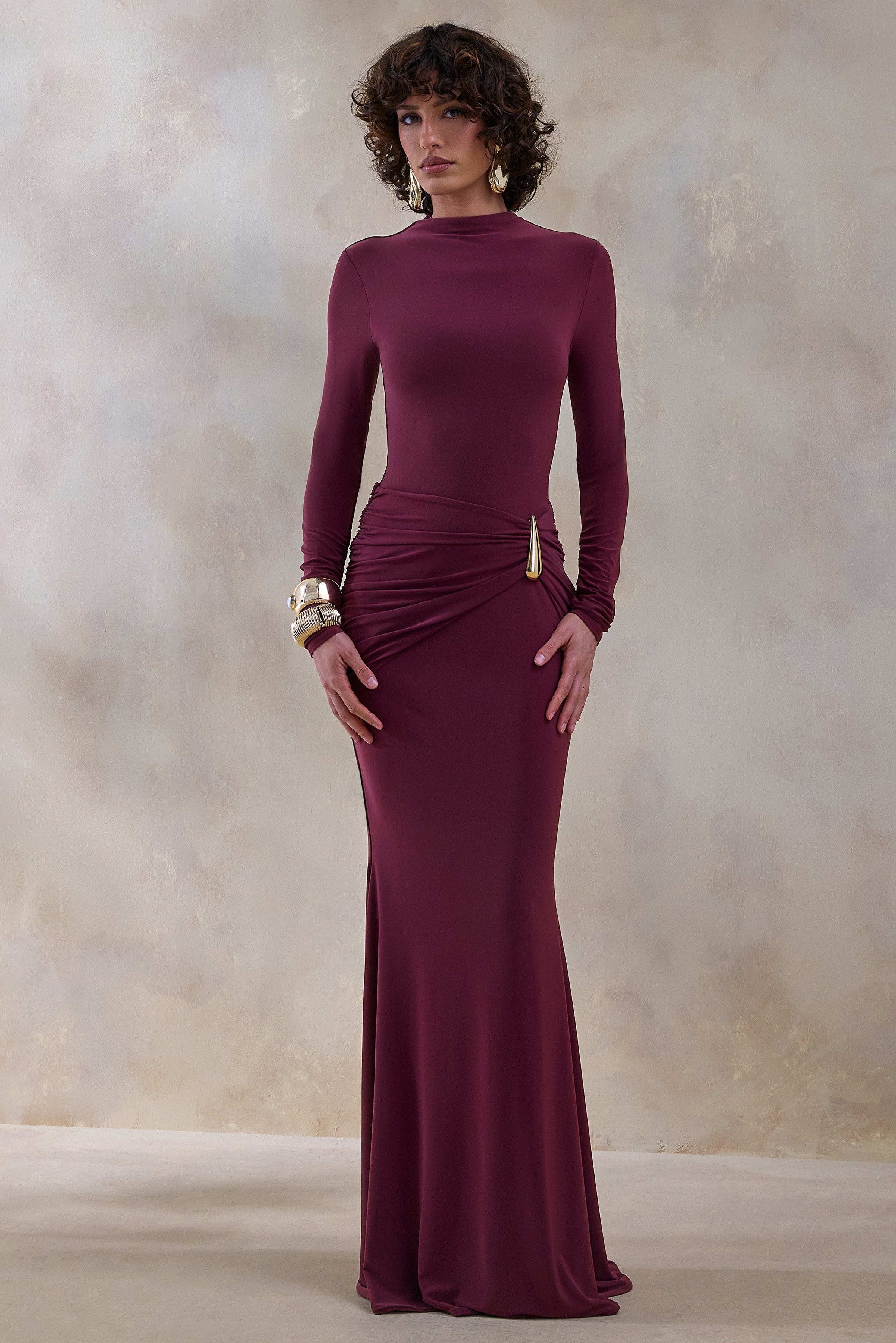 Solarium | Burgundy Long-Sleeve Maxi Dress With Gold Detail