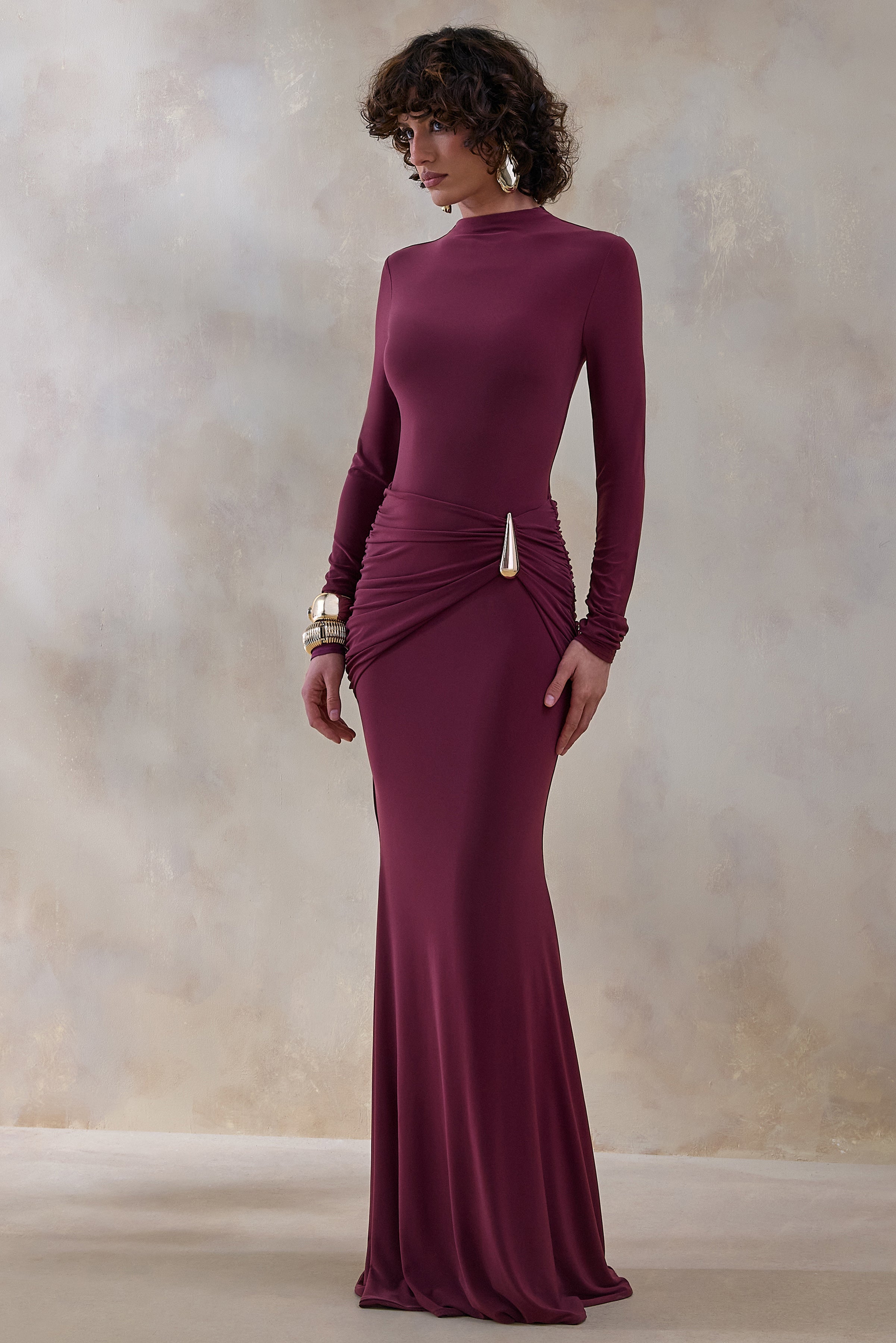 Solarium | Burgundy Long-Sleeve Maxi Dress With Gold Detail