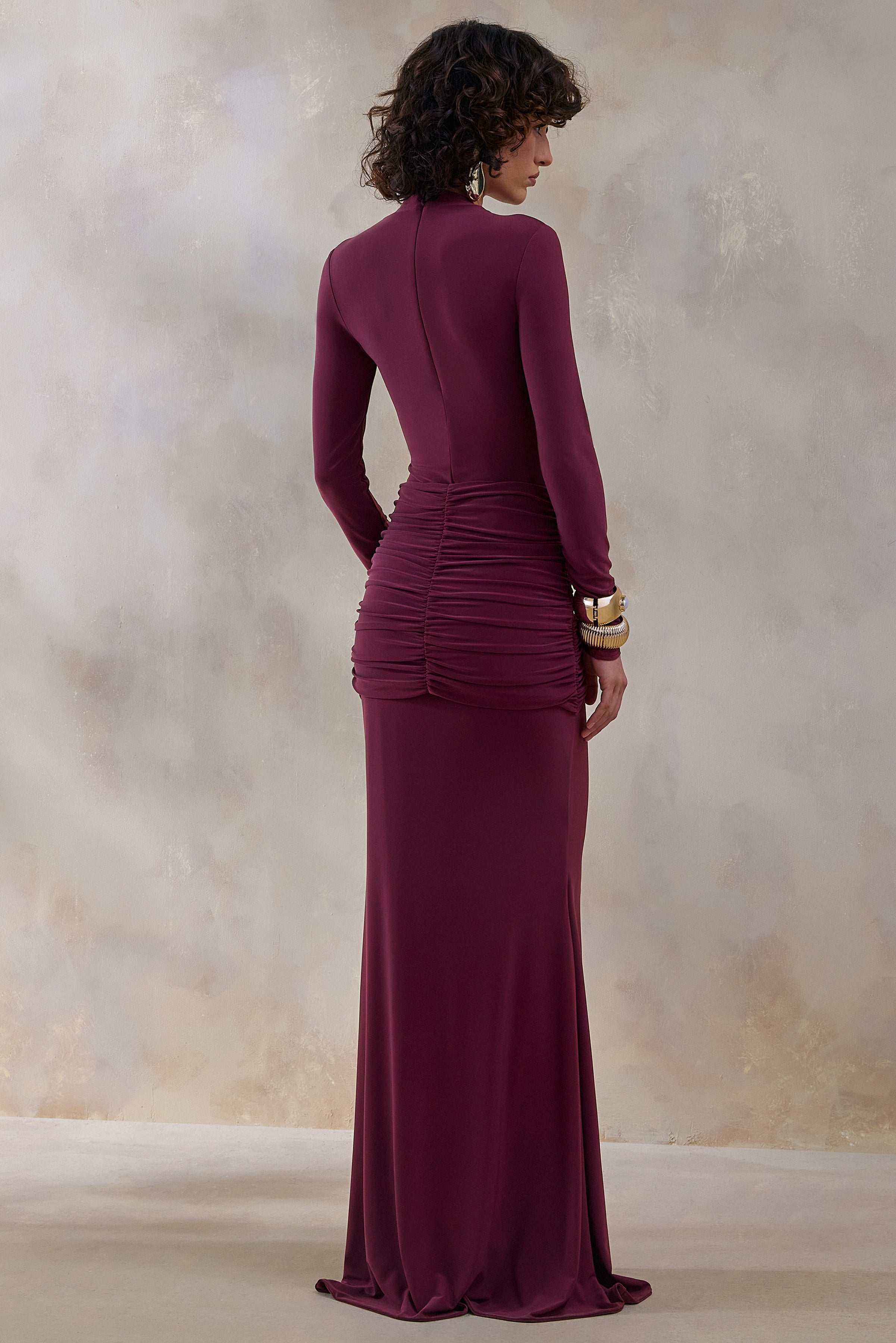 Solarium | Burgundy Long-Sleeve Maxi Dress With Gold Detail