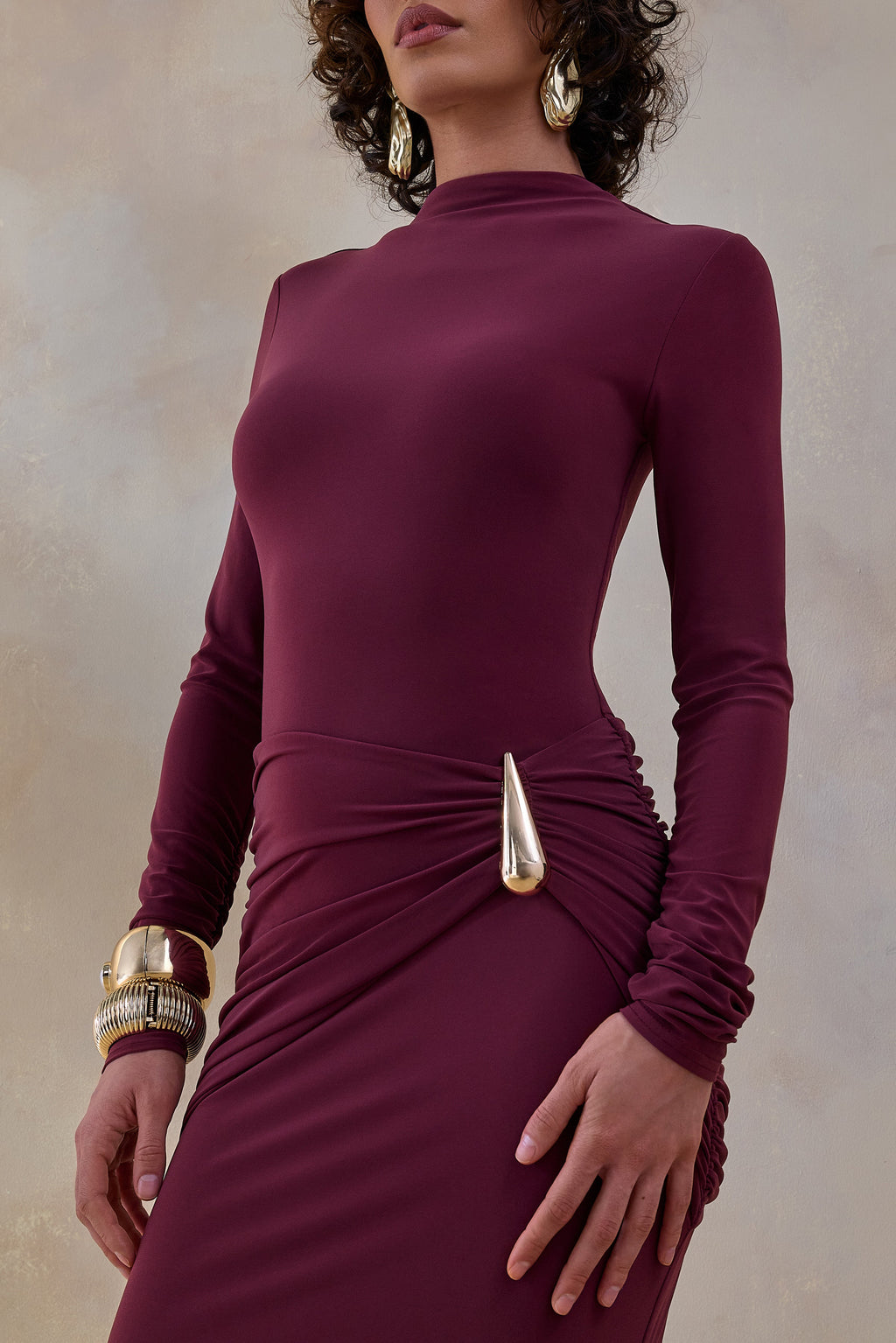 Solarium | Burgundy Long-Sleeve Maxi Dress With Gold Detail