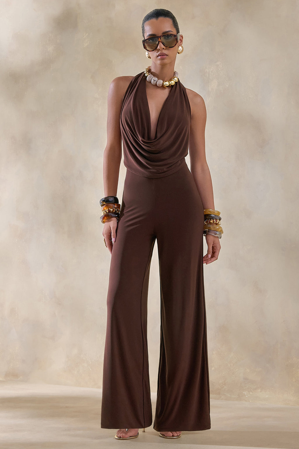 Clemence | Brown Plunge-Neck Jumpsuit