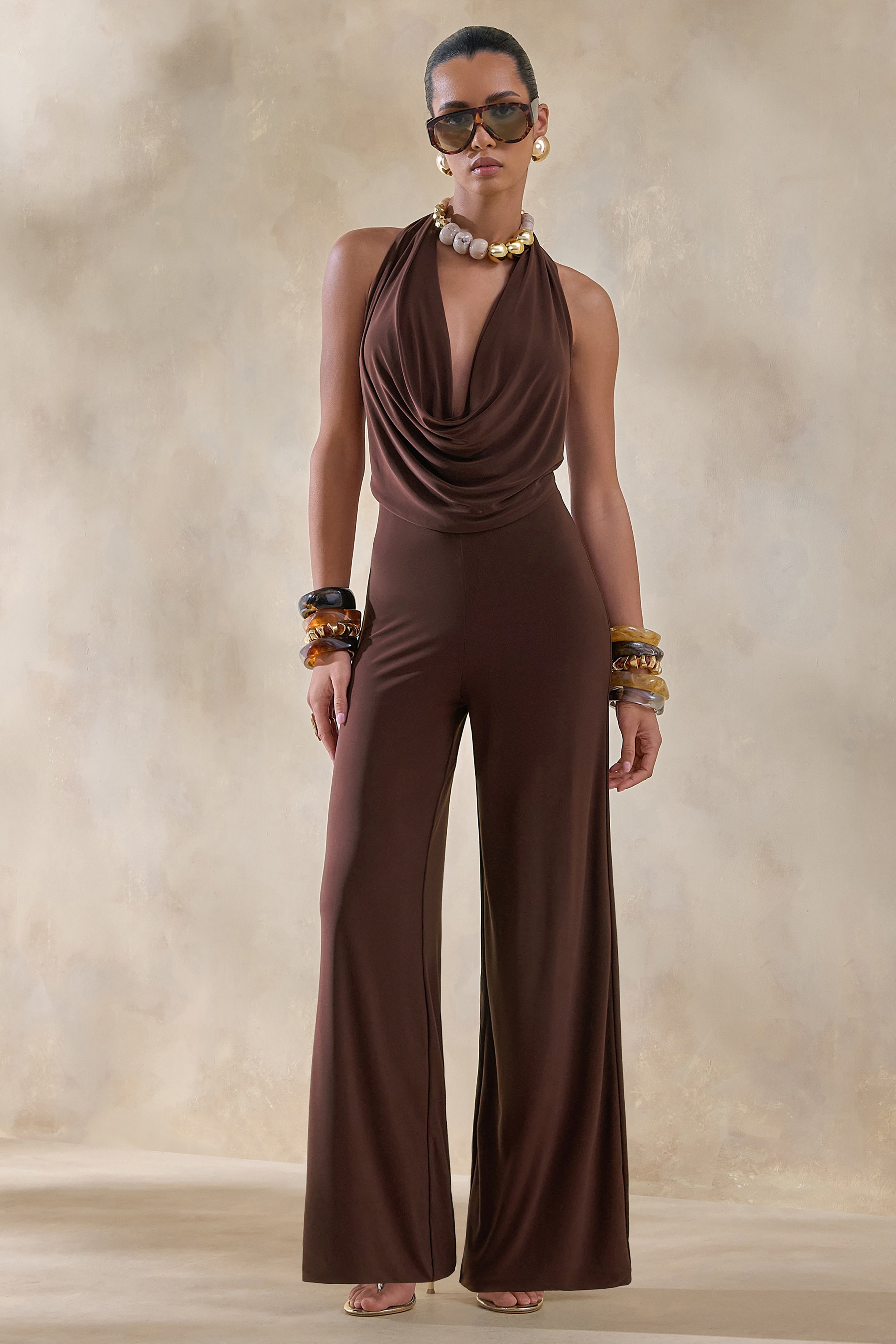 Clemence | Brown Plunge-Neck Jumpsuit