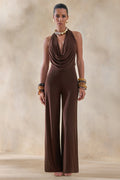 Clemence | Brown Plunge-Neck Jumpsuit