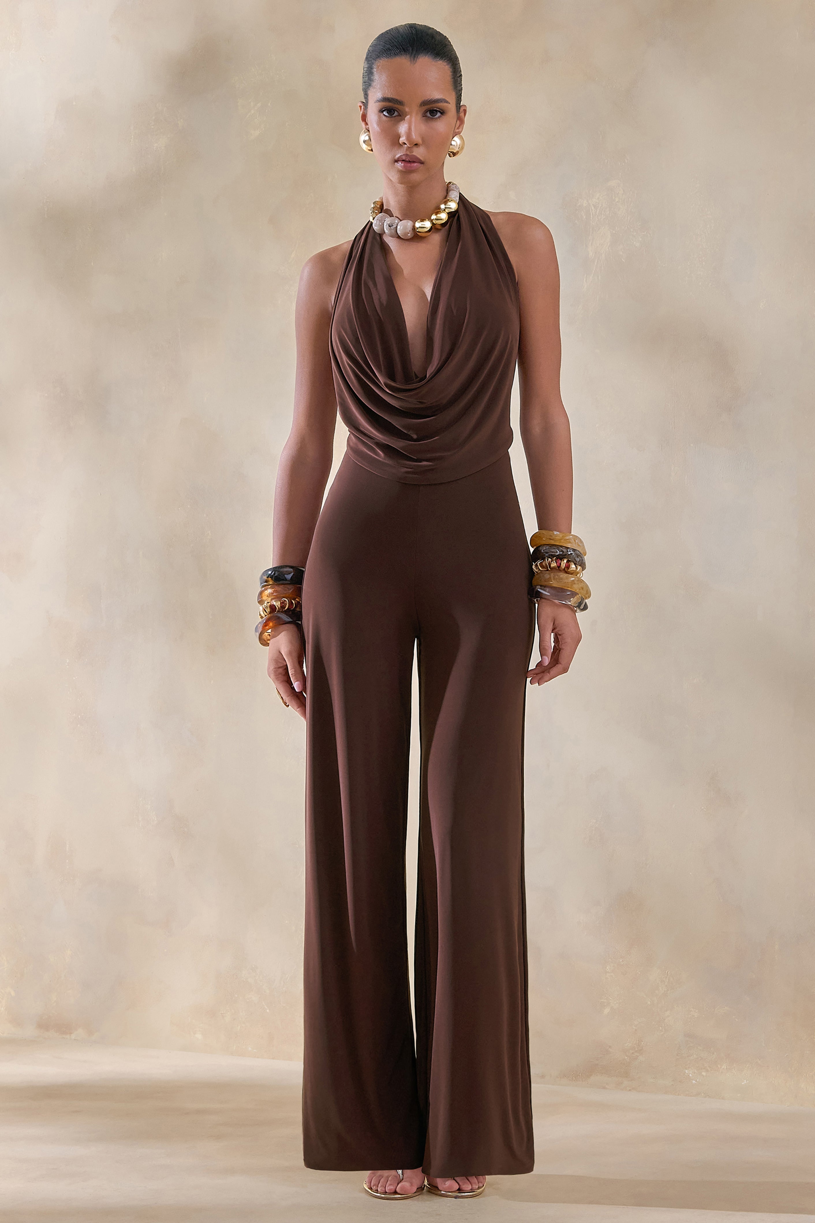 Clemence | Brown Plunge-Neck Jumpsuit
