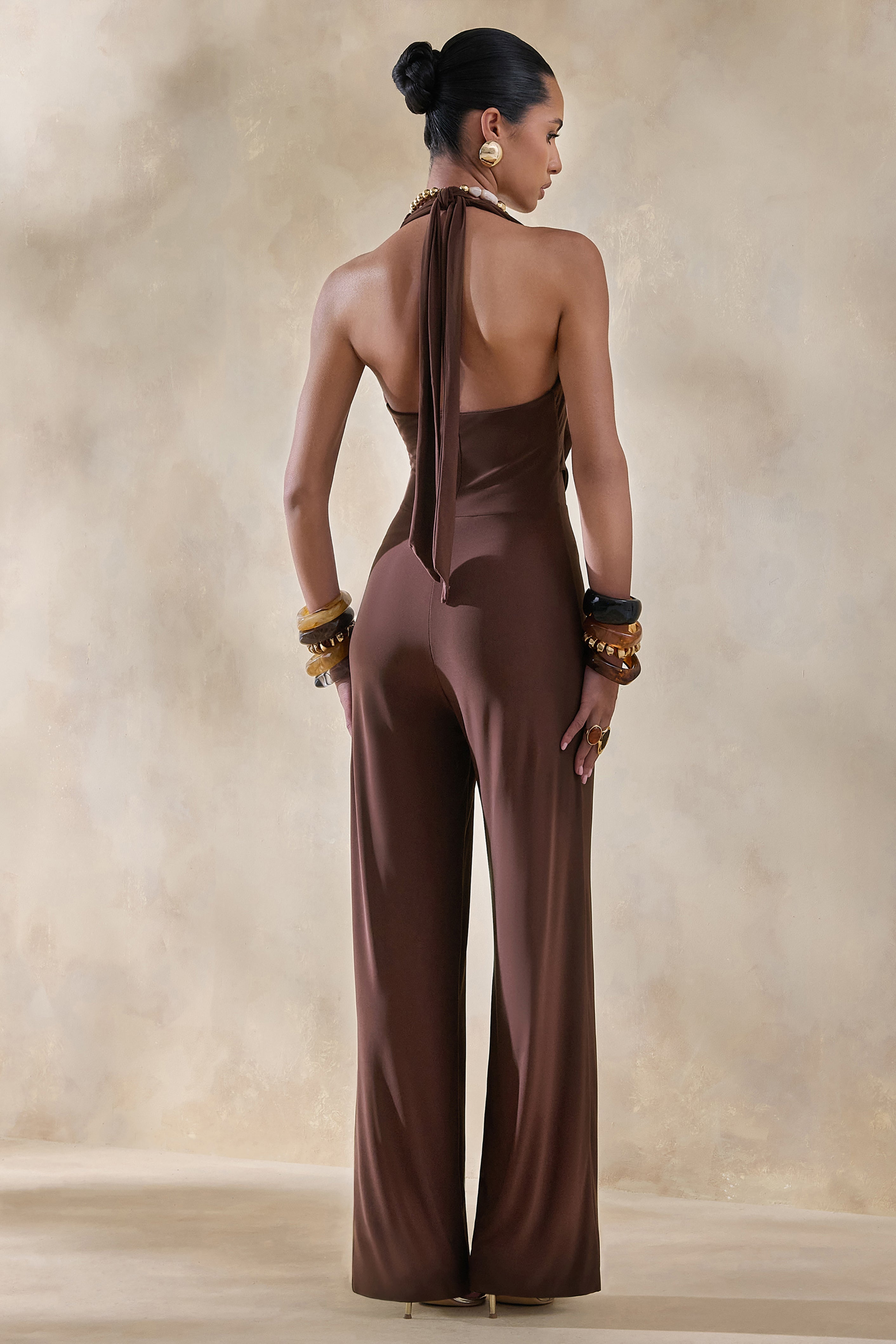 Clemence | Brown Plunge-Neck Jumpsuit