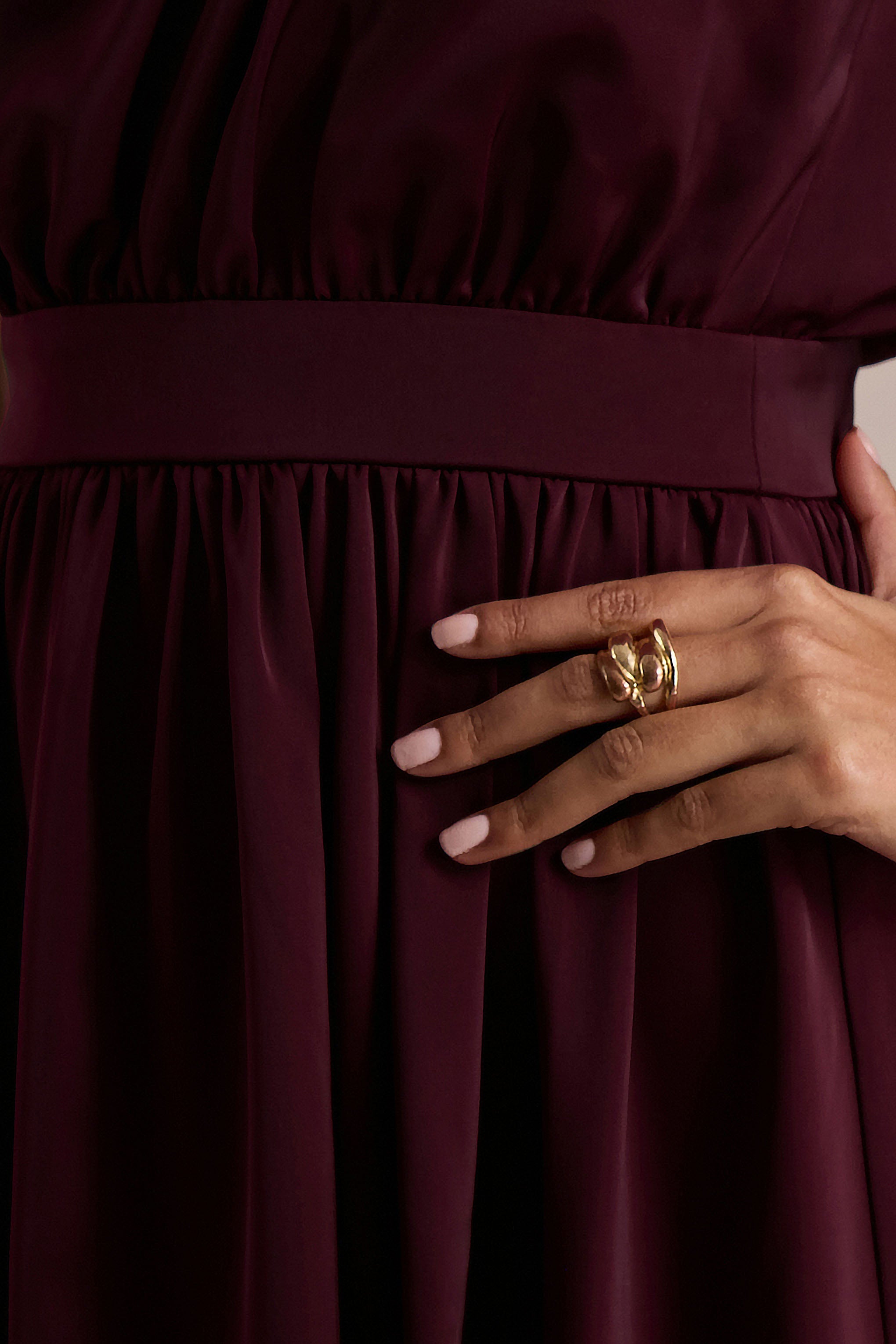 Caluna | Burgundy Satin Asymmetric-Neck Midi Dress With Scarf-Detail