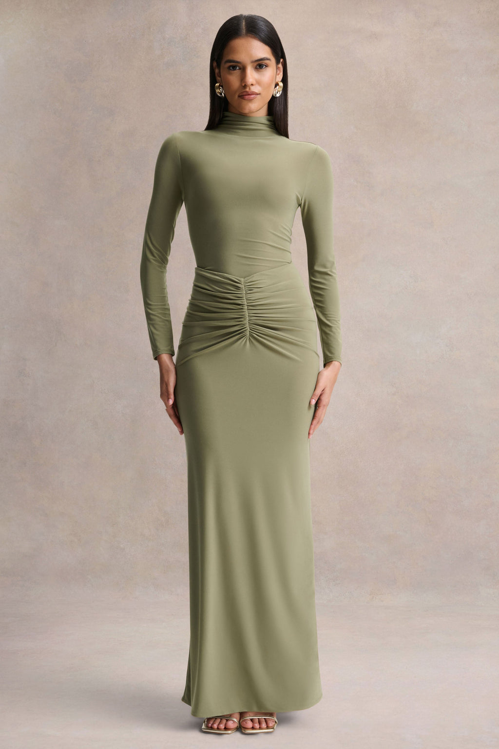 Persis | Olive High-Neck Maxi Dress With Gathered Detailing