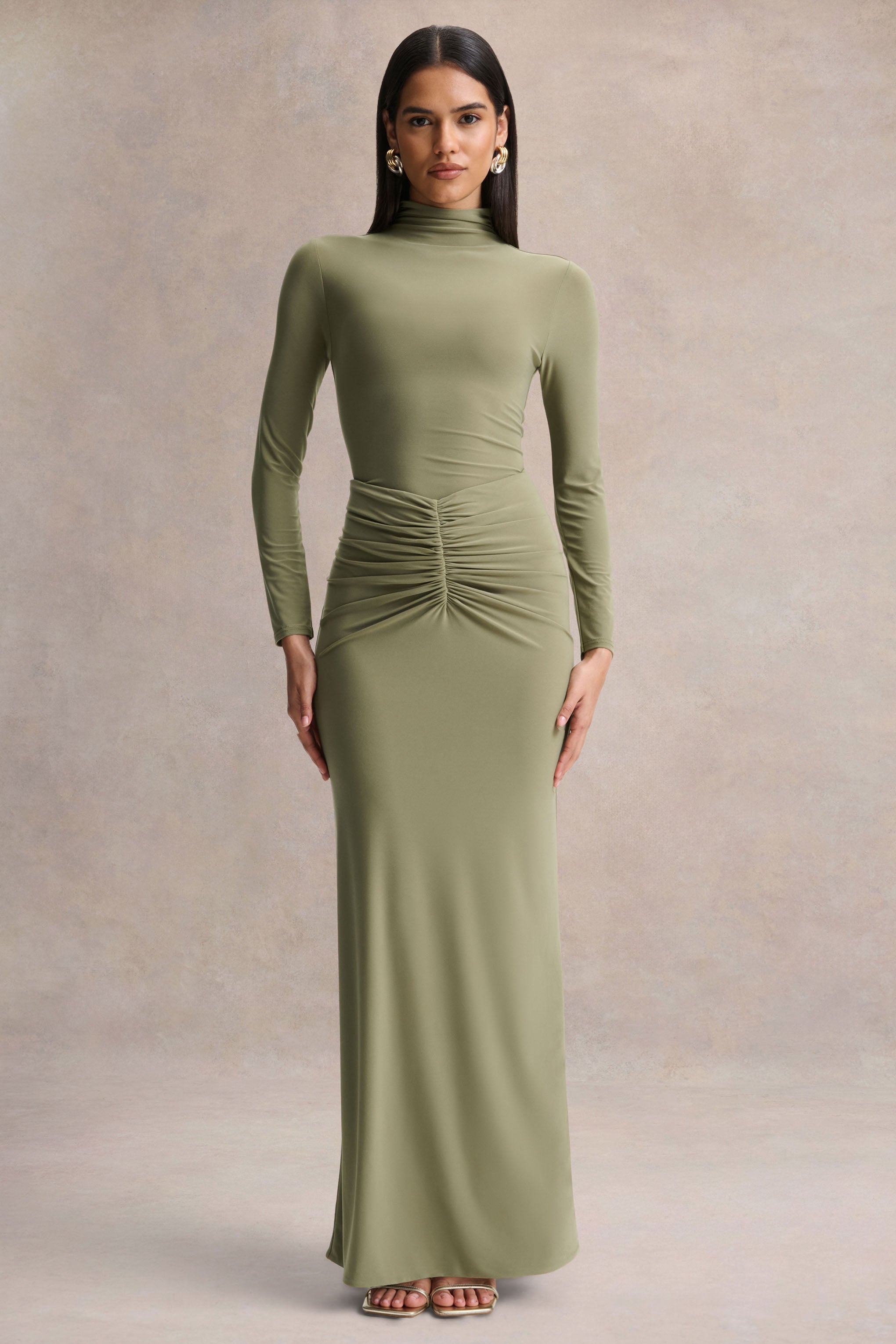 Persis | Olive High-Neck Maxi Dress With Gathered Detailing