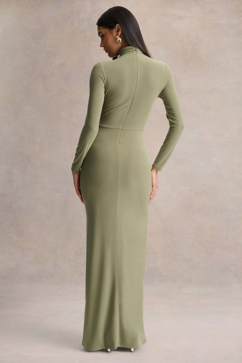 Persis | Olive High-Neck Maxi Dress With Gathered Detailing