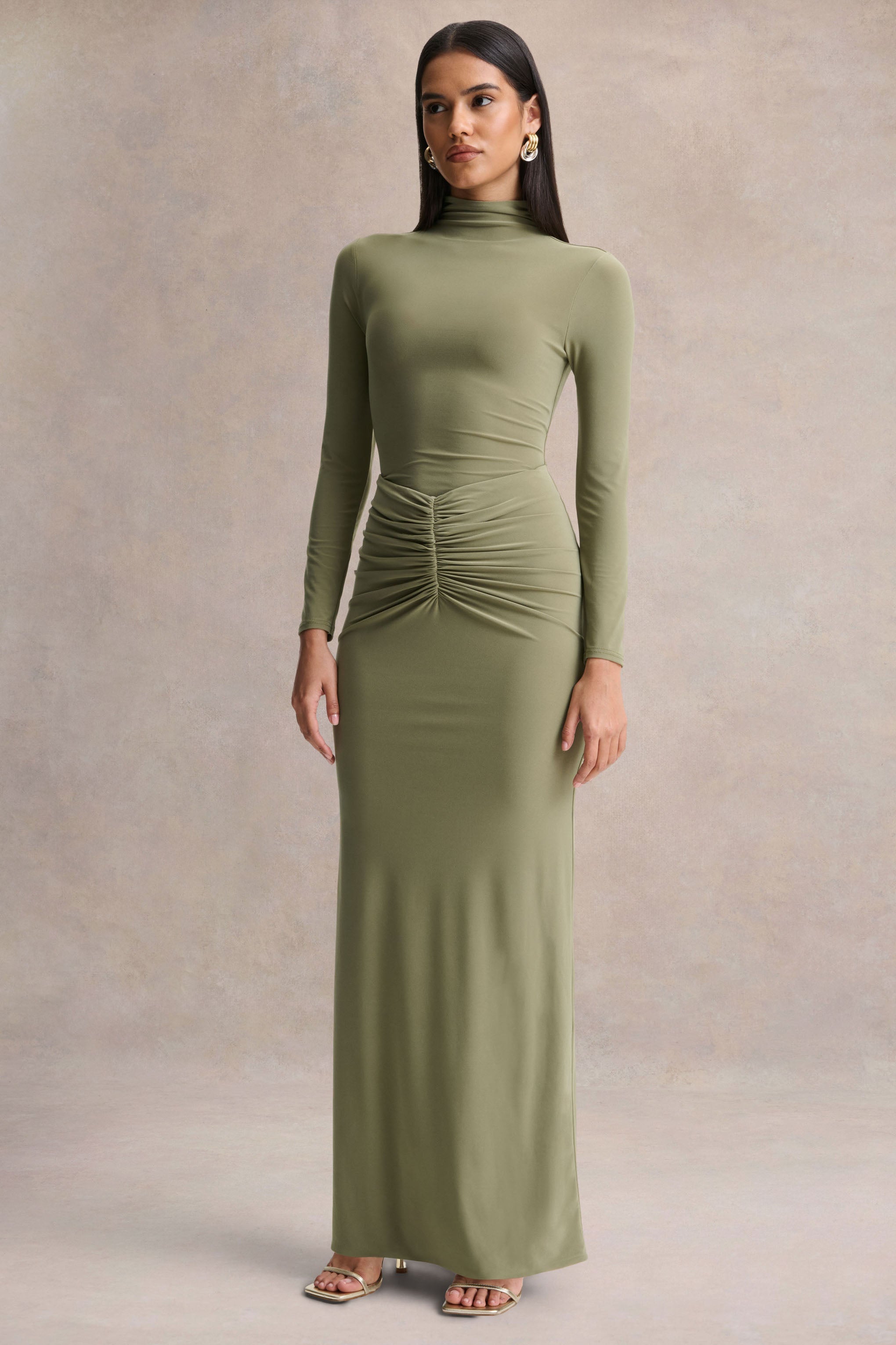 Persis | Olive High-Neck Maxi Dress With Gathered Detailing
