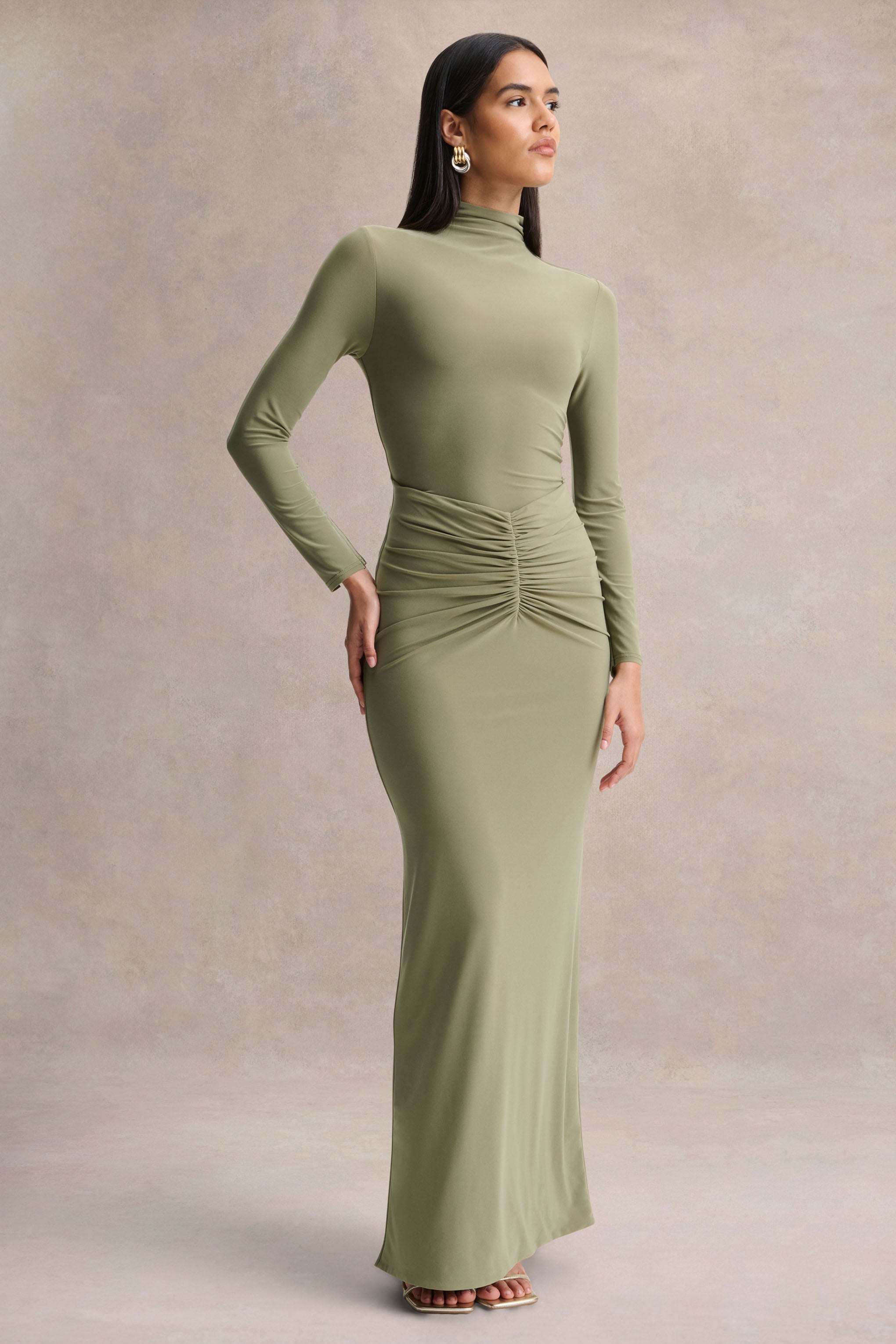 Persis | Olive High-Neck Maxi Dress With Gathered Detailing