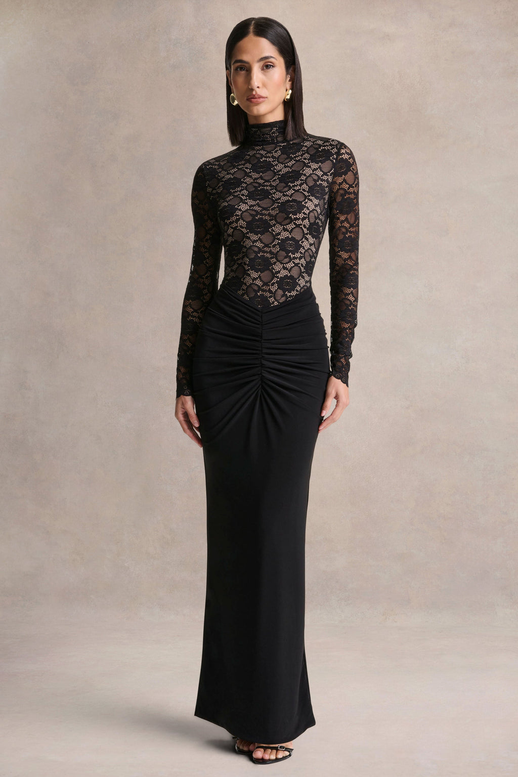 Justina | Black High-Neck Maxi Dress With Gathered-Detailing