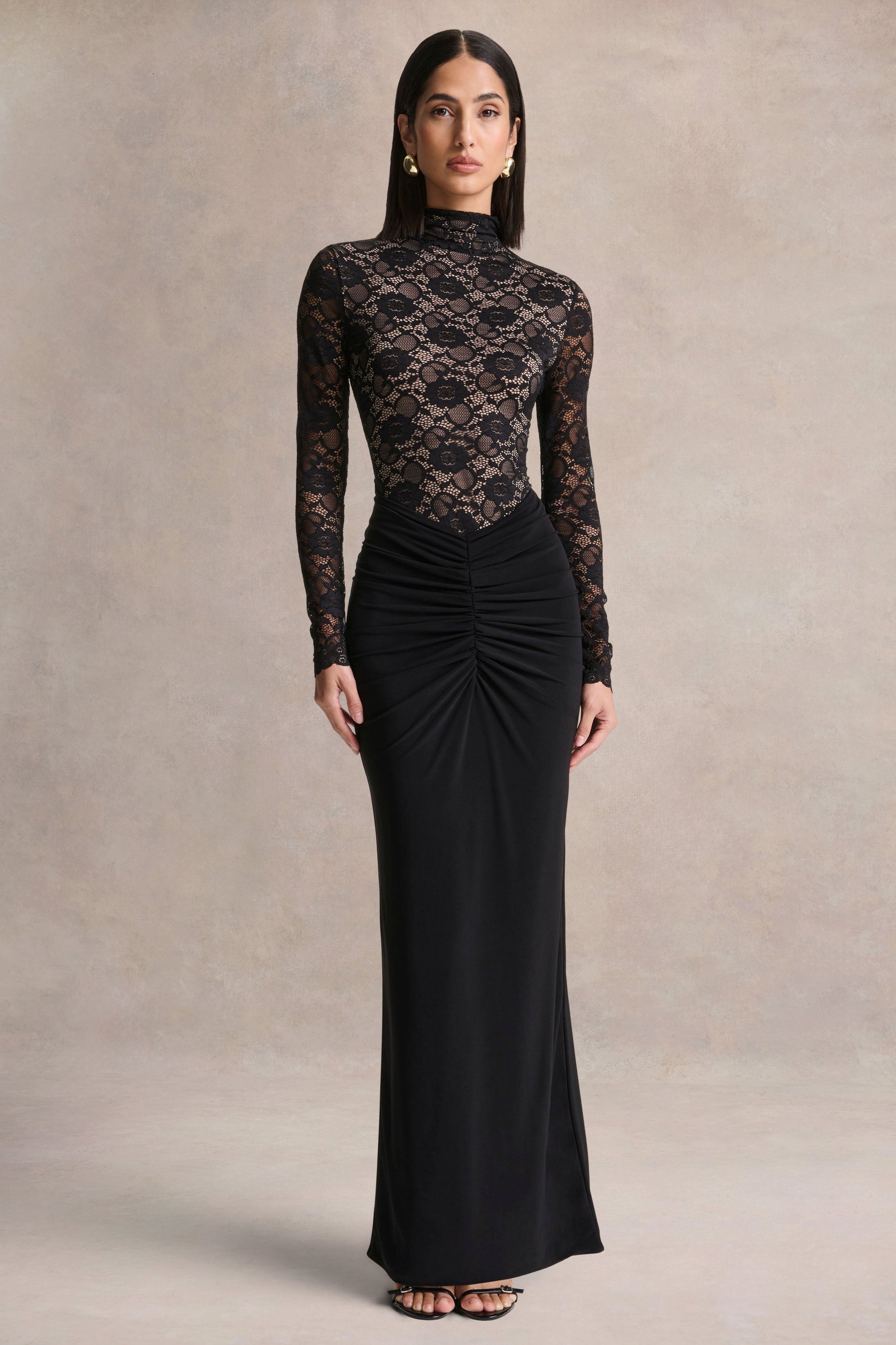 Justina | Black High-Neck Maxi Dress With Gathered-Detailing
