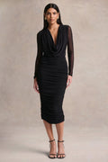 Griselda | Black Plunge-Neck Midi Dress With Sheer Long-Sleeves