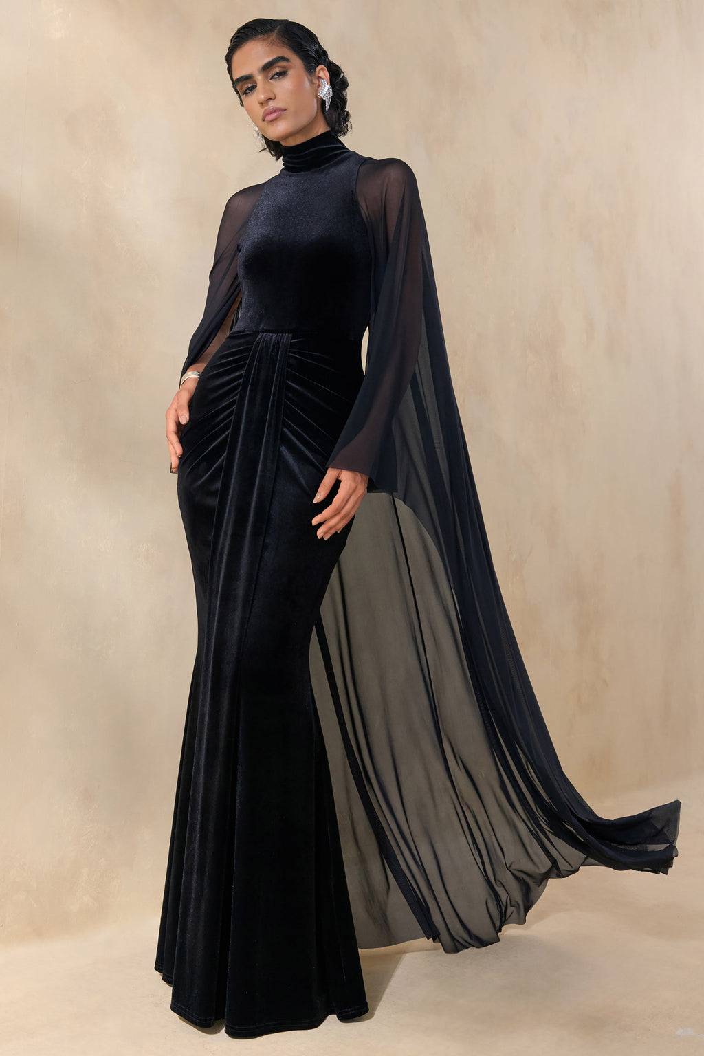 Adoring | Black Velvet High-Neck Maxi Dress With Cape