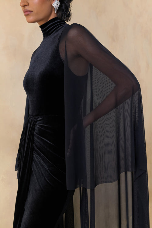 Adoring | Black Velvet High-Neck Maxi Dress With Cape