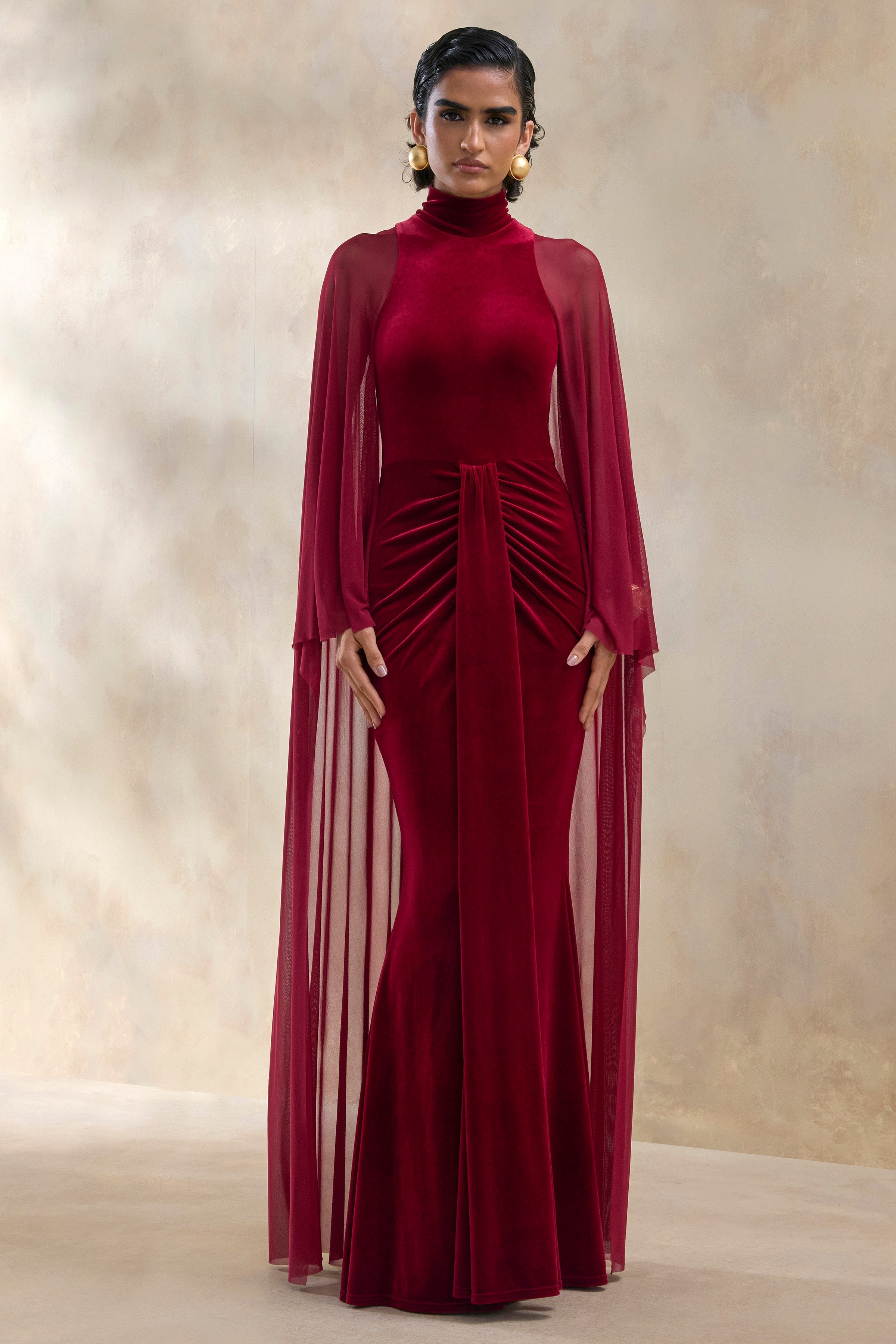 Adoring | Burgundy Velvet High-Neck Maxi Dress With Cape