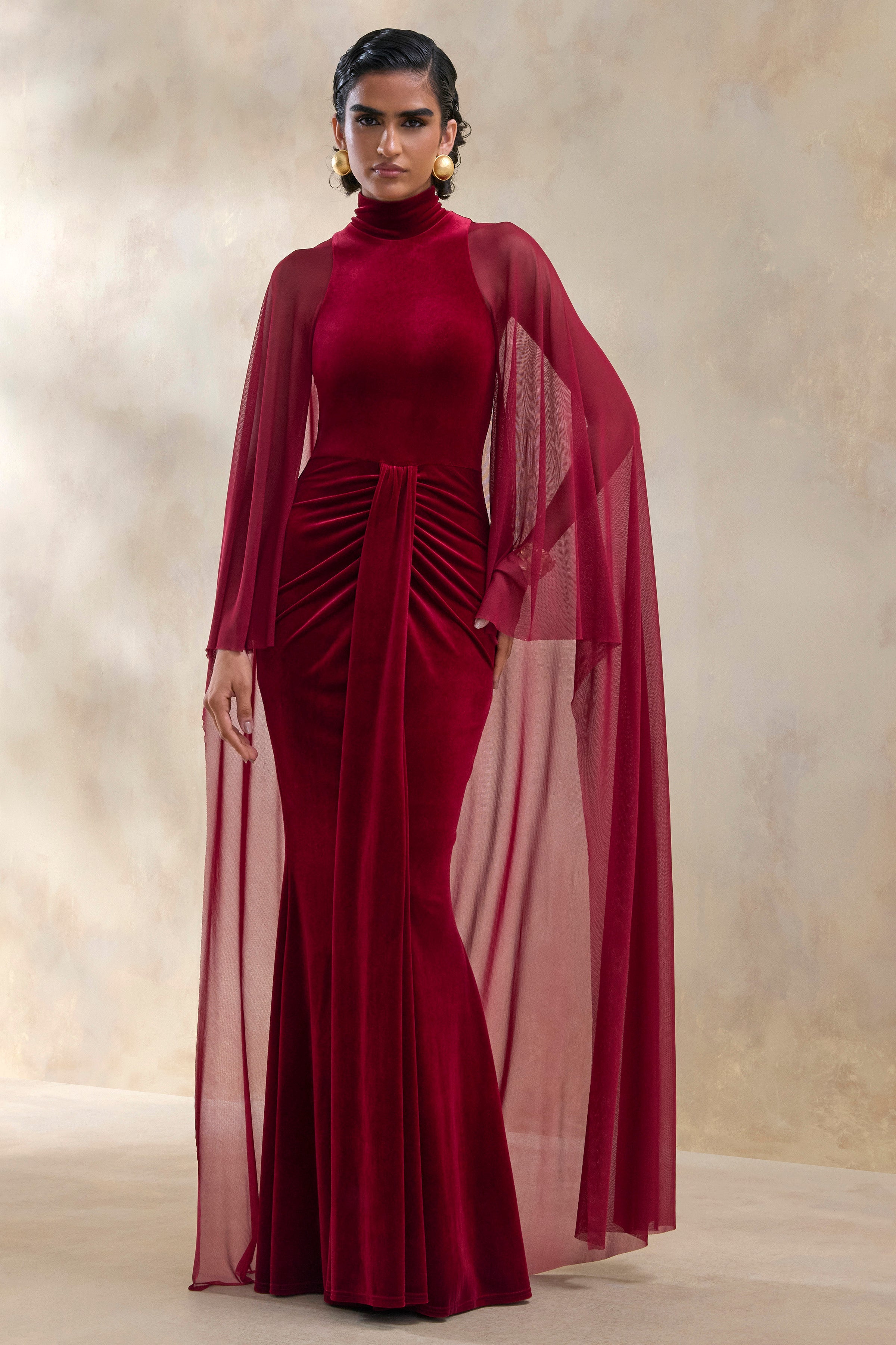 Adoring | Burgundy Velvet High-Neck Maxi Dress With Cape