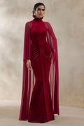 Adoring | Burgundy Velvet High-Neck Maxi Dress With Cape