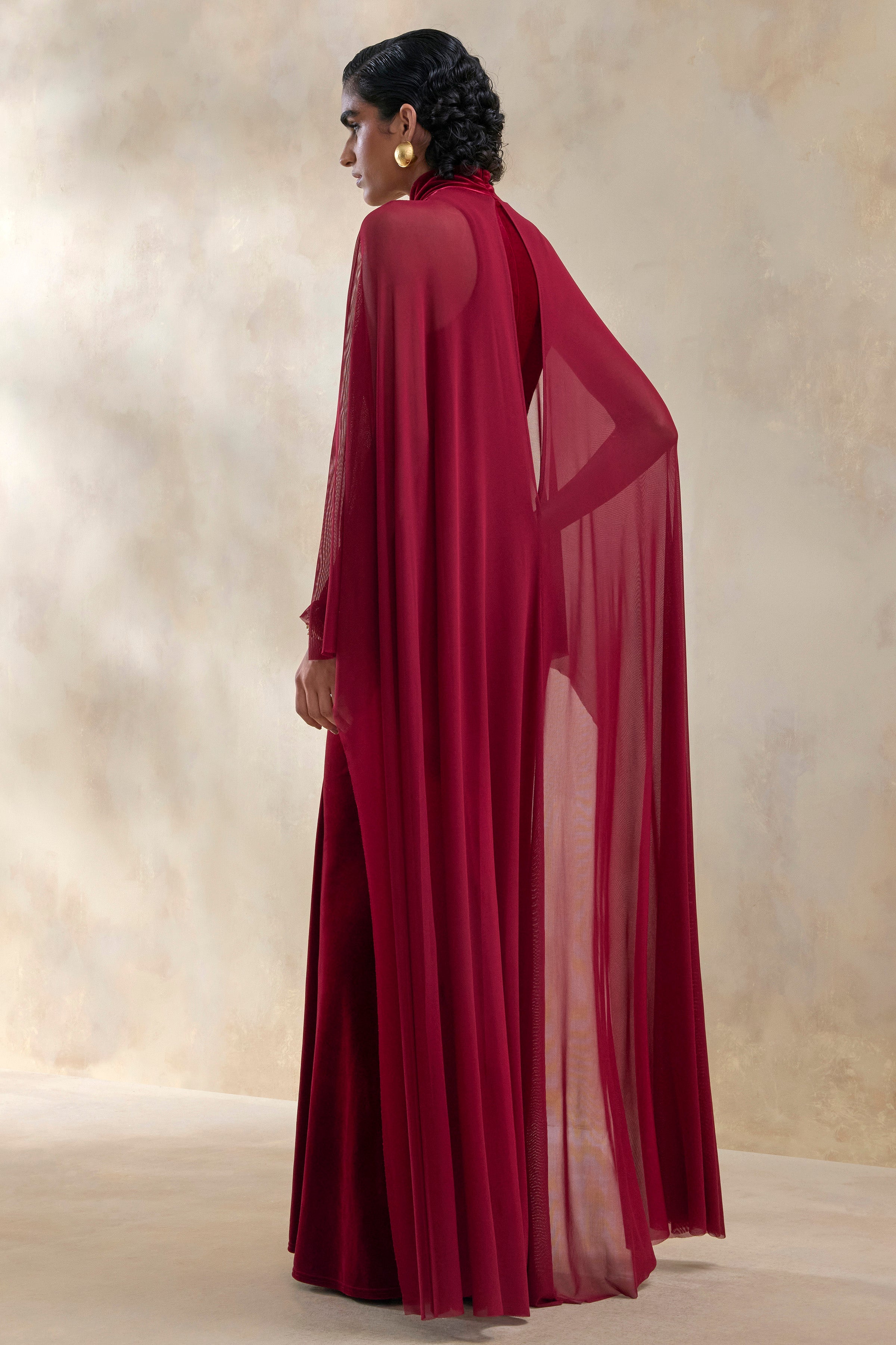 Adoring | Burgundy Velvet High-Neck Maxi Dress With Cape