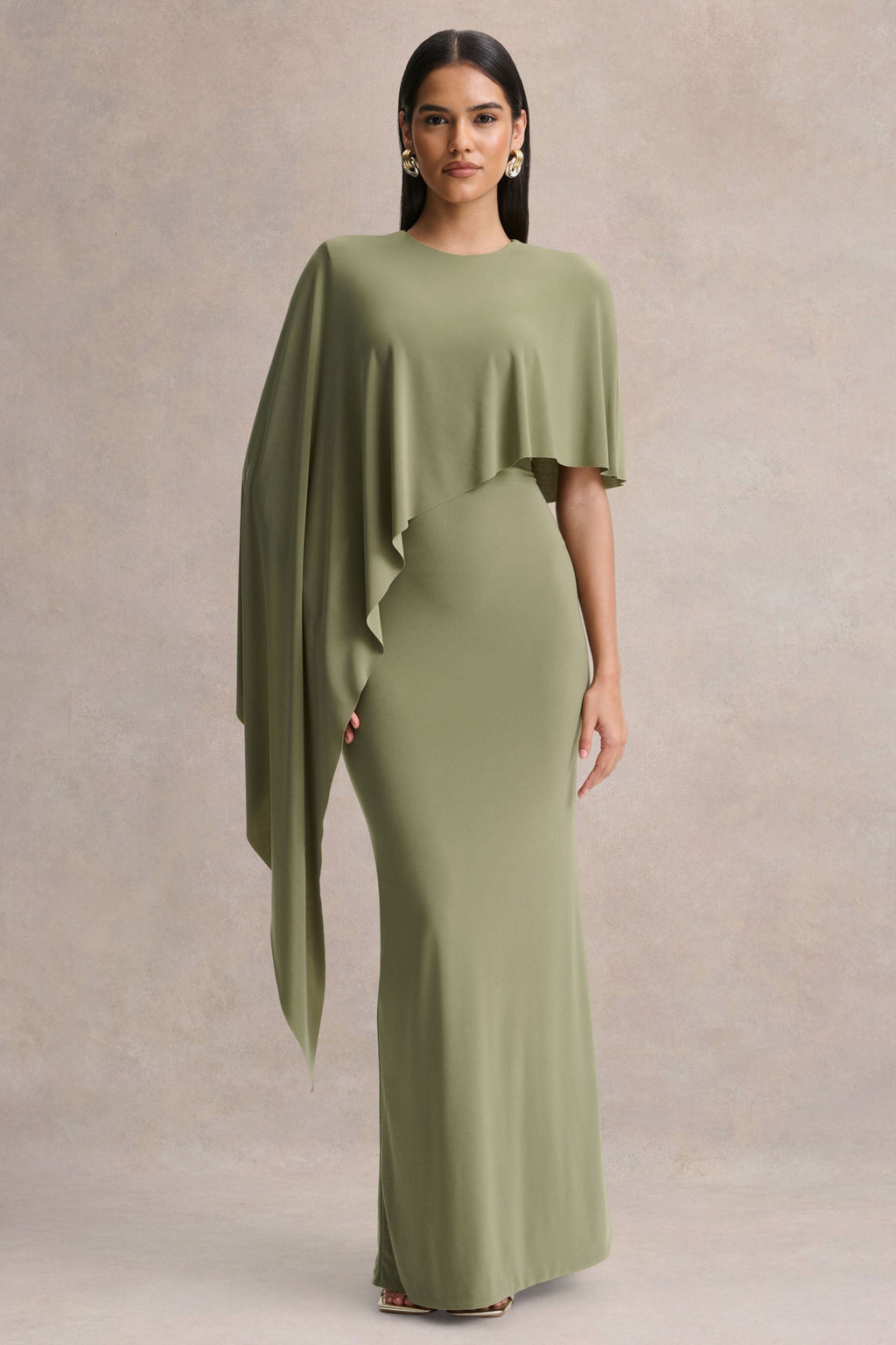 Ravena | Olive Crew-Neck Maxi Dress With Asymmetric-Cape Sleeve