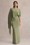 Ravena | Olive Crew-Neck Maxi Dress With Asymmetric-Cape Sleeve