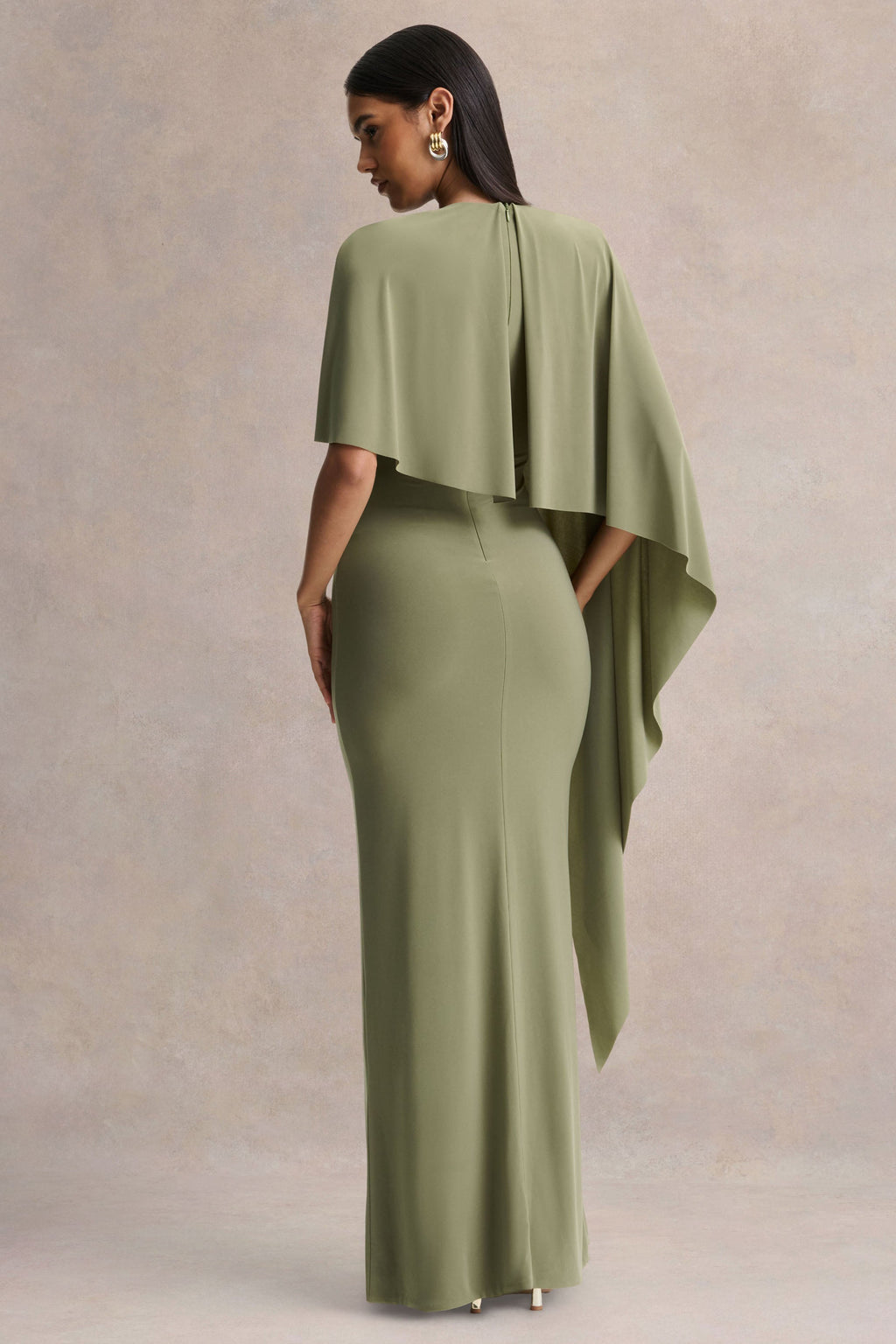 Ravena | Olive Crew-Neck Maxi Dress With Asymmetric-Cape Sleeve
