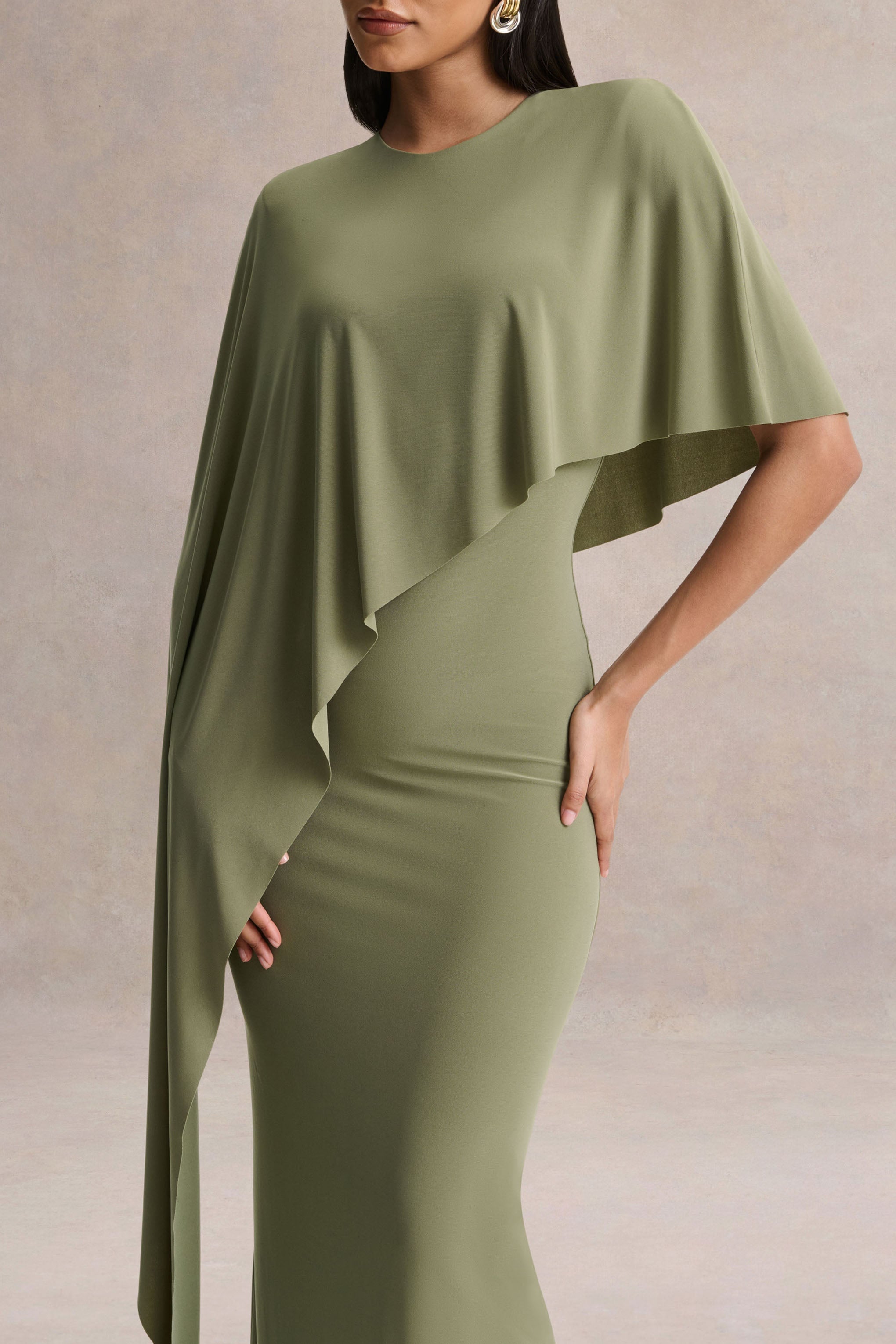 Ravena | Olive Crew-Neck Maxi Dress With Asymmetric-Cape Sleeve