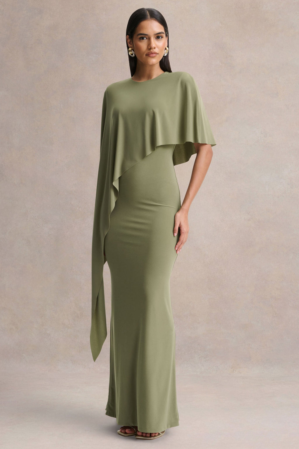 Ravena | Olive Crew-Neck Maxi Dress With Asymmetric-Cape Sleeve