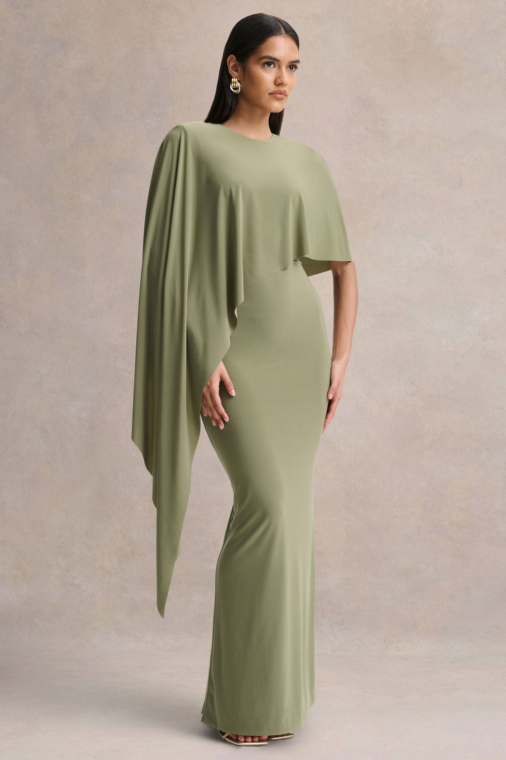 Ravena | Olive Crew-Neck Maxi Dress With Asymmetric-Cape Sleeve