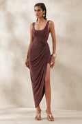 Jaylani | Brown Scoop-Neck Midi Dress With Draped-Detailing