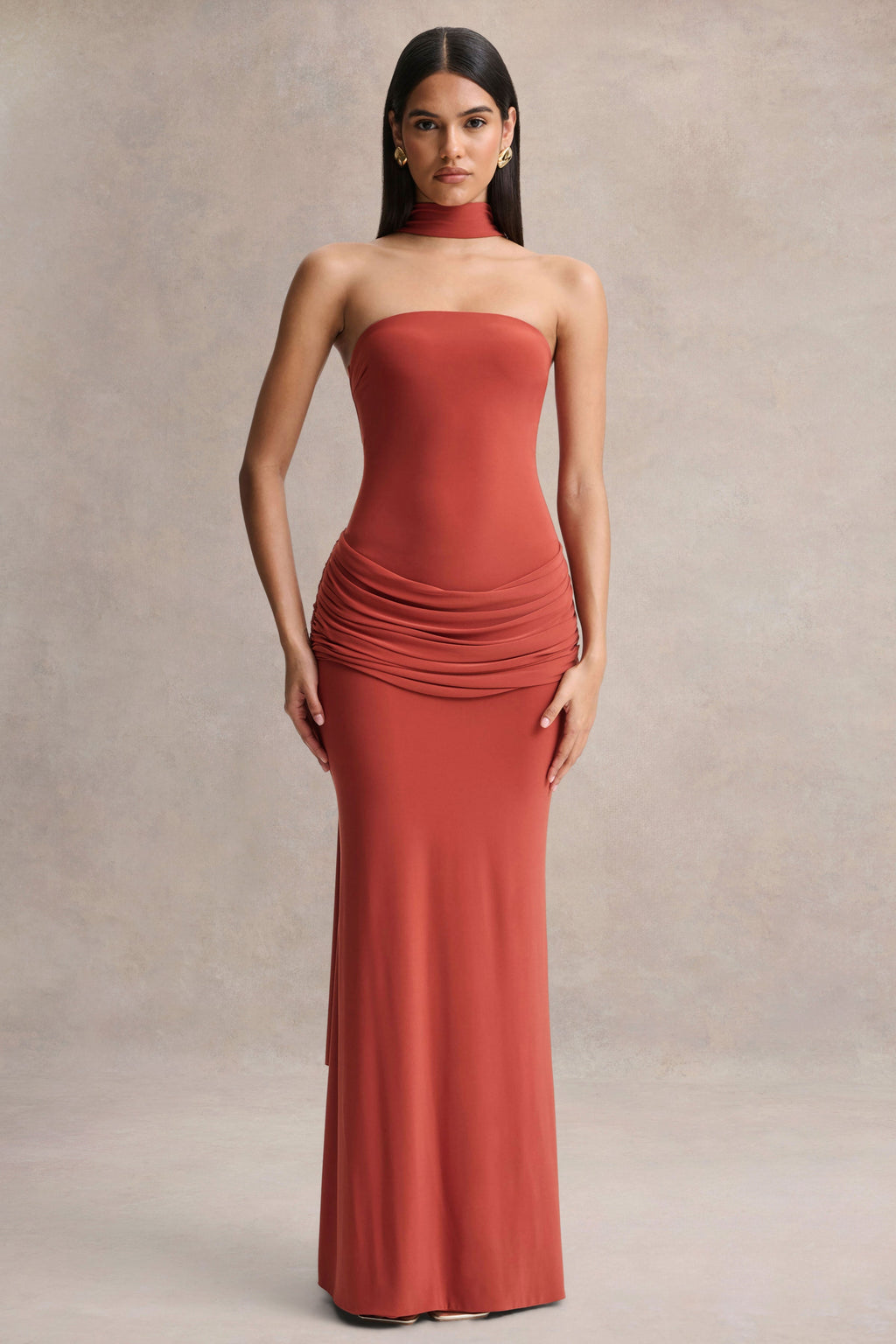Graciella | Rust Bandeau Maxi Dress With Draped Detailing And Scarf