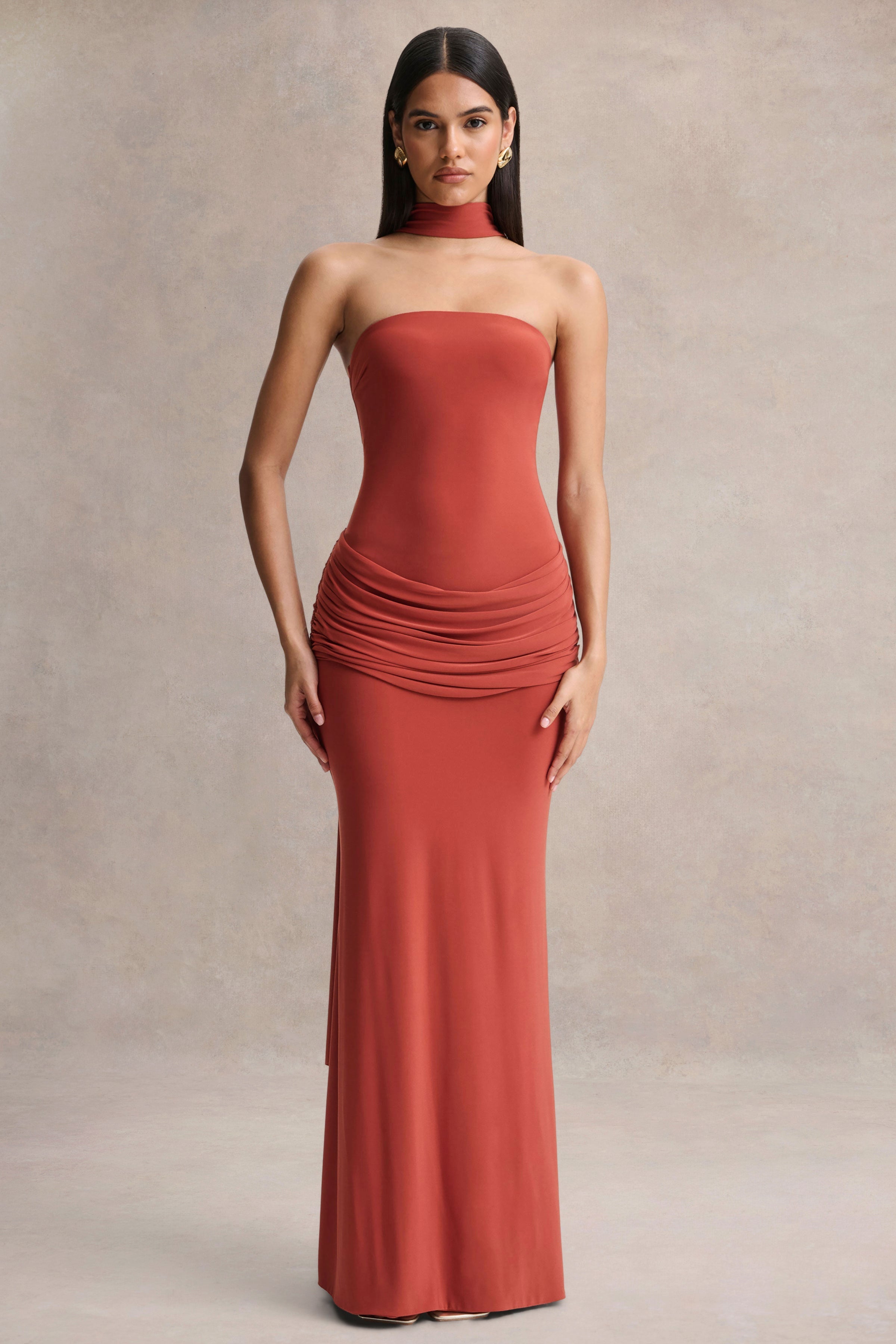 Graciella | Rust Bandeau Maxi Dress With Draped Detailing And Scarf
