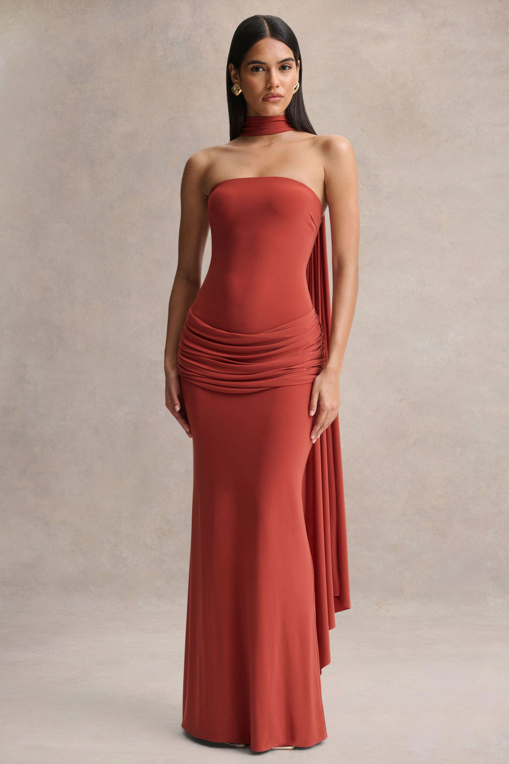 Graciella | Rust Bandeau Maxi Dress With Draped Detailing And Scarf
