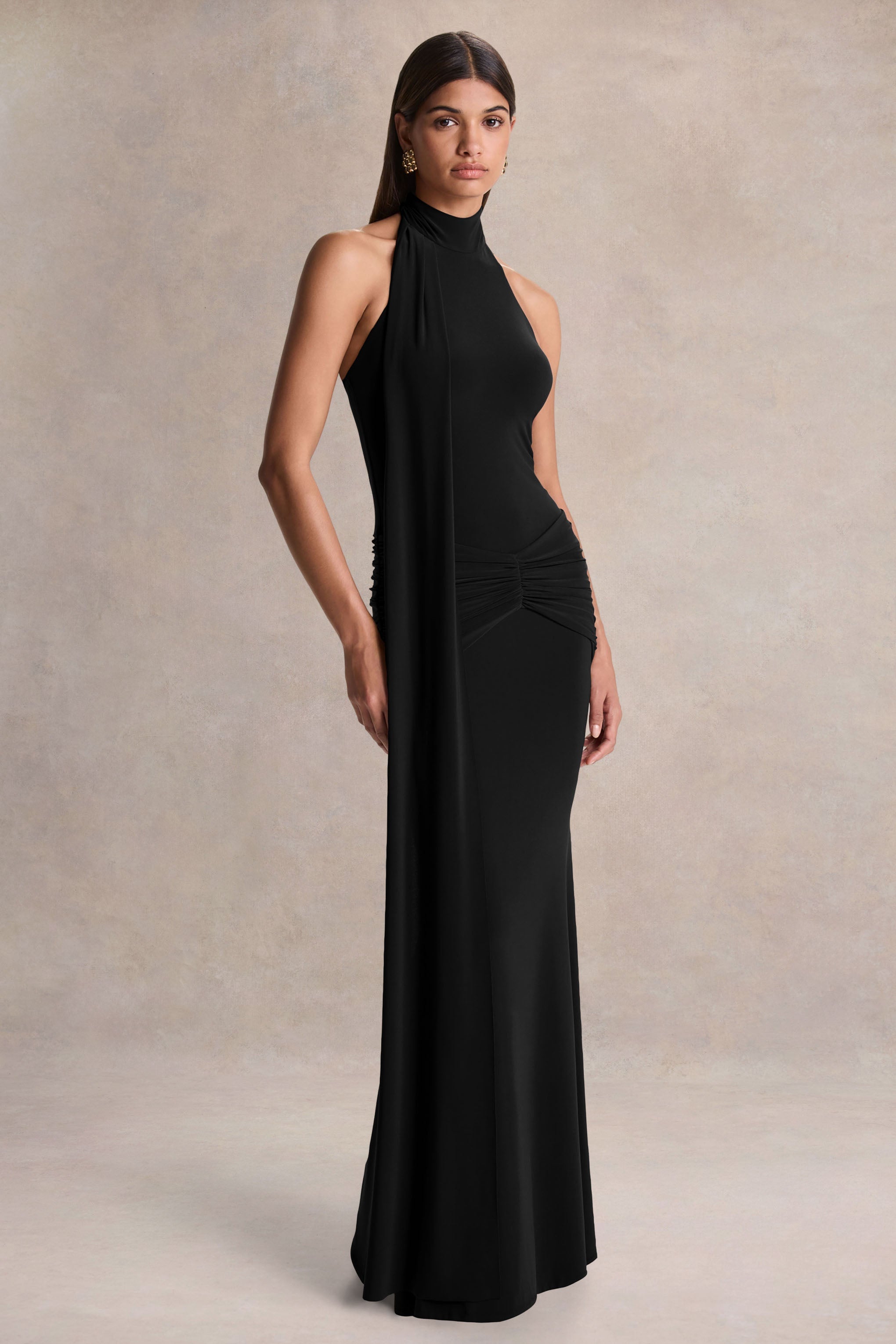 Hyla | Black High-Neck Maxi Dress With Sash-Detail