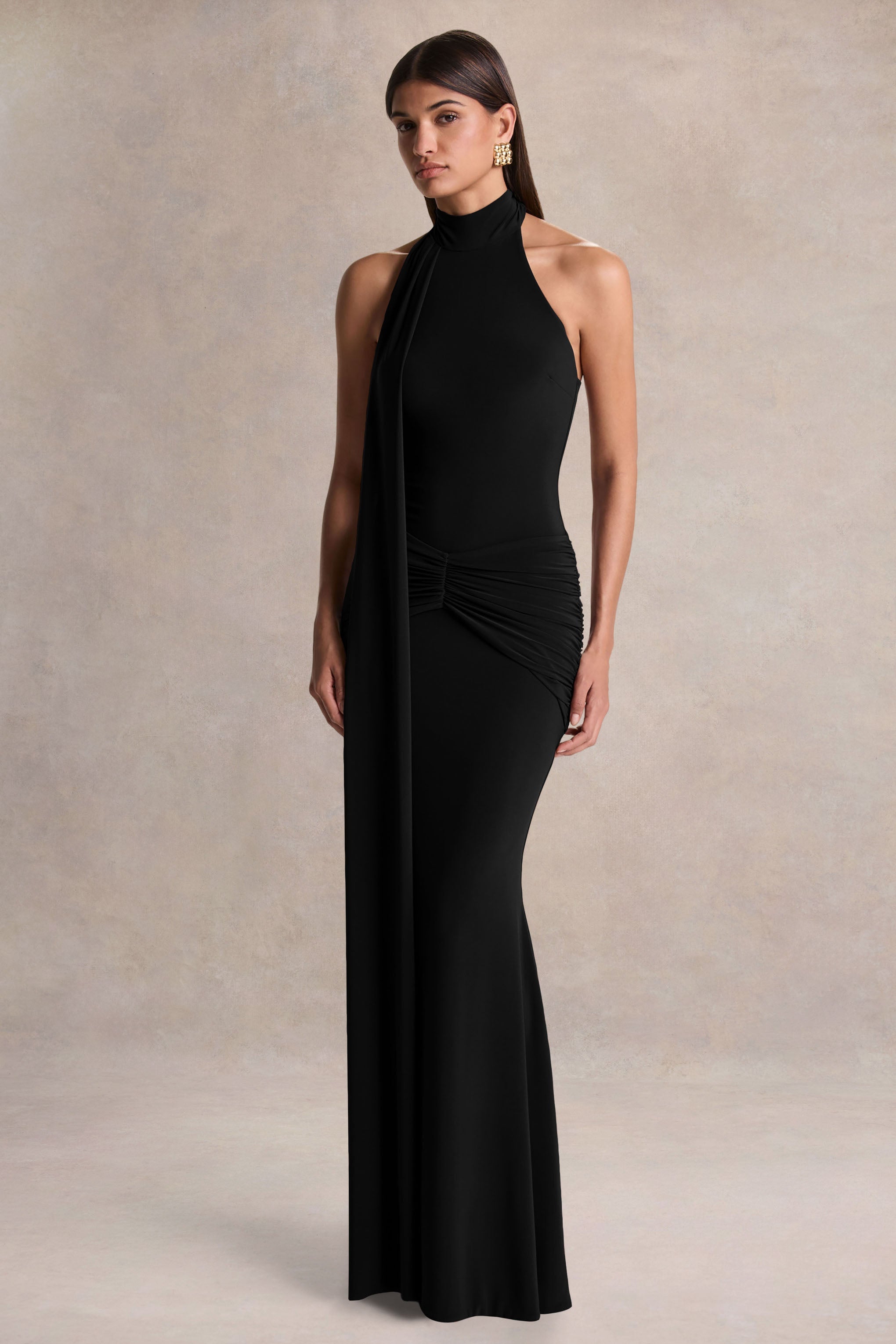 Hyla | Black High-Neck Maxi Dress With Sash-Detail