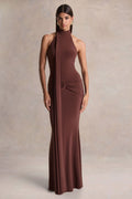 Hyla | Brown High-Neck Maxi Dress With Sash-Detail