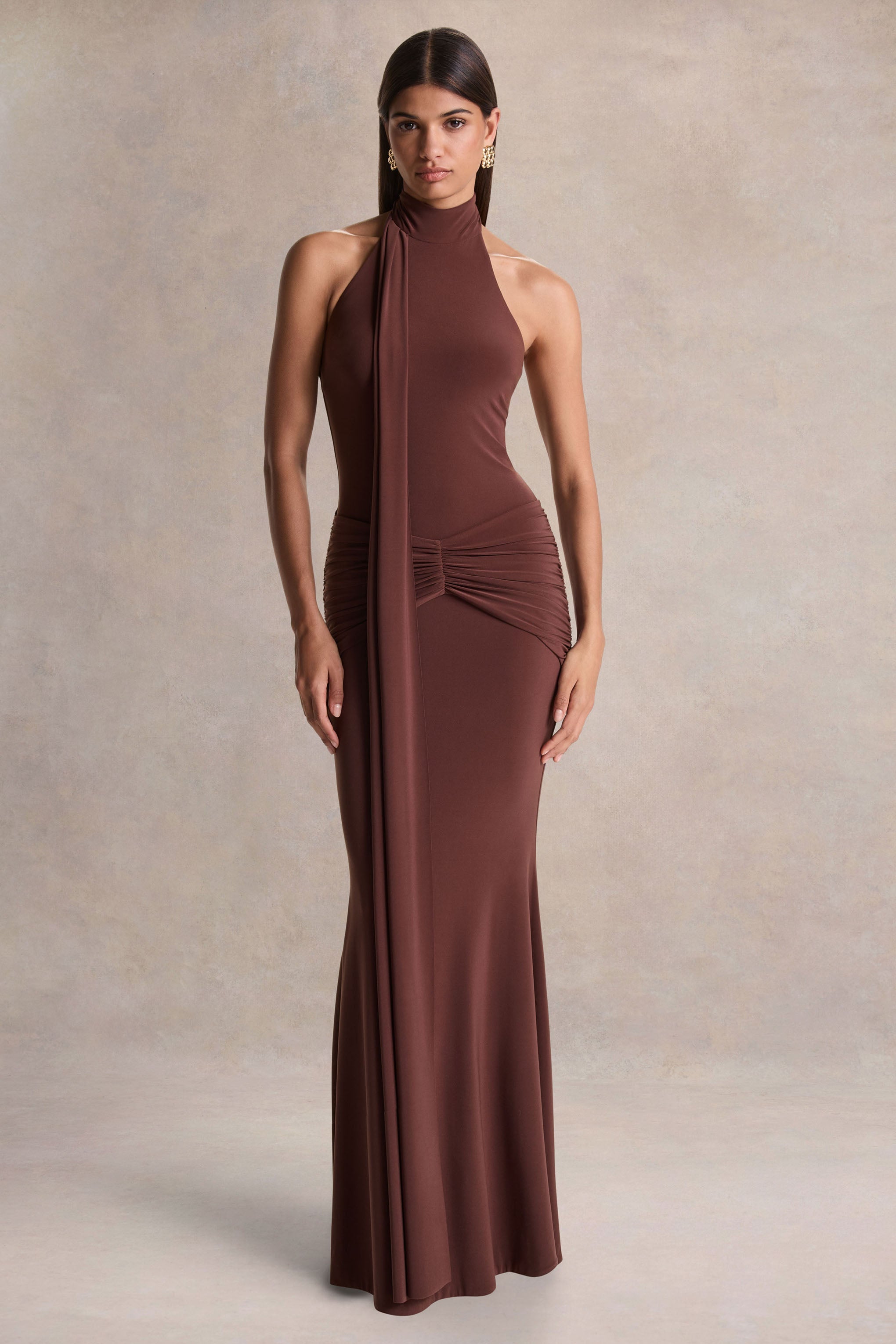 Hyla | Brown High-Neck Maxi Dress With Sash-Detail