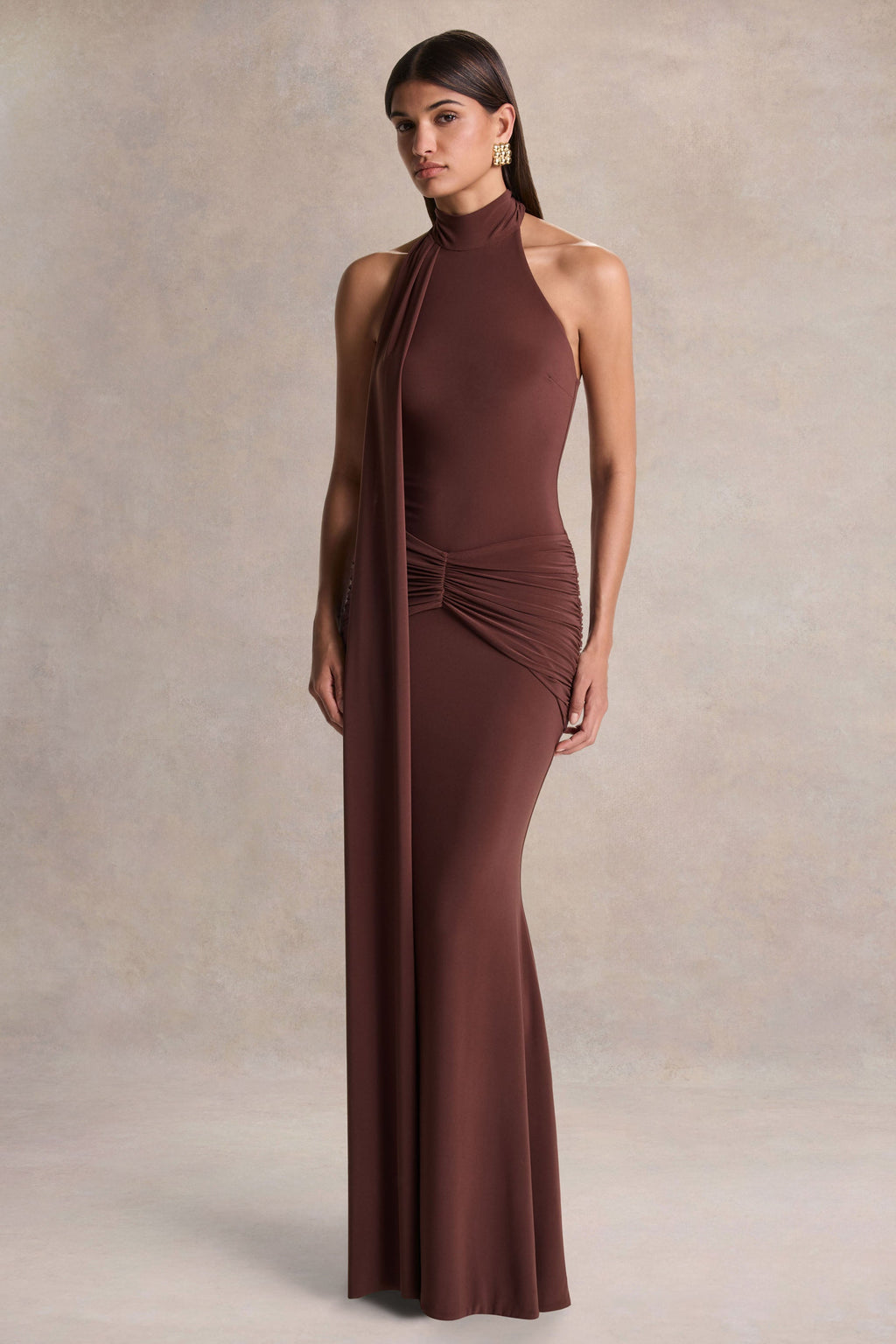 Hyla | Brown High-Neck Maxi Dress With Sash-Detail