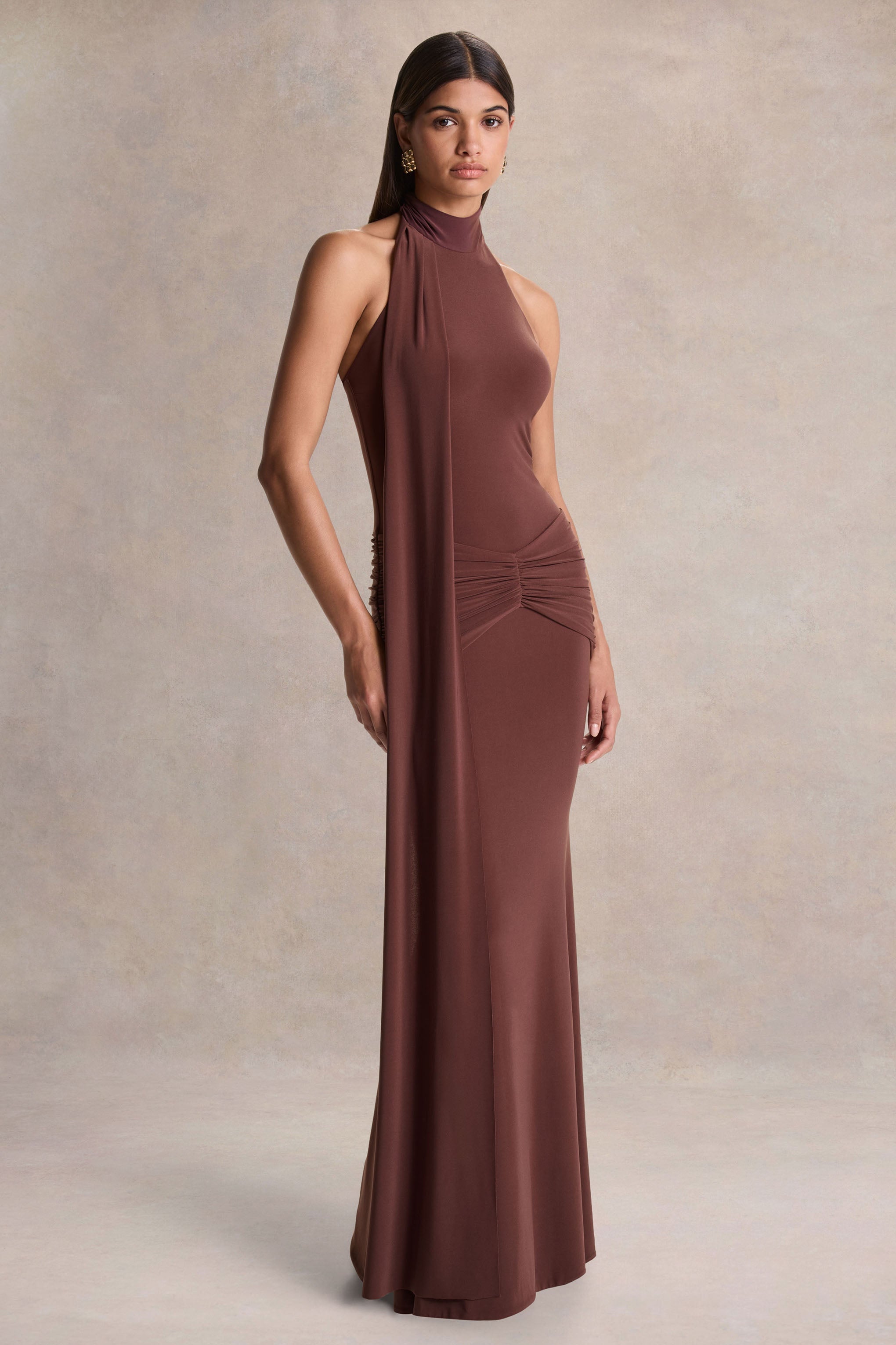 Hyla | Brown High-Neck Maxi Dress With Sash-Detail