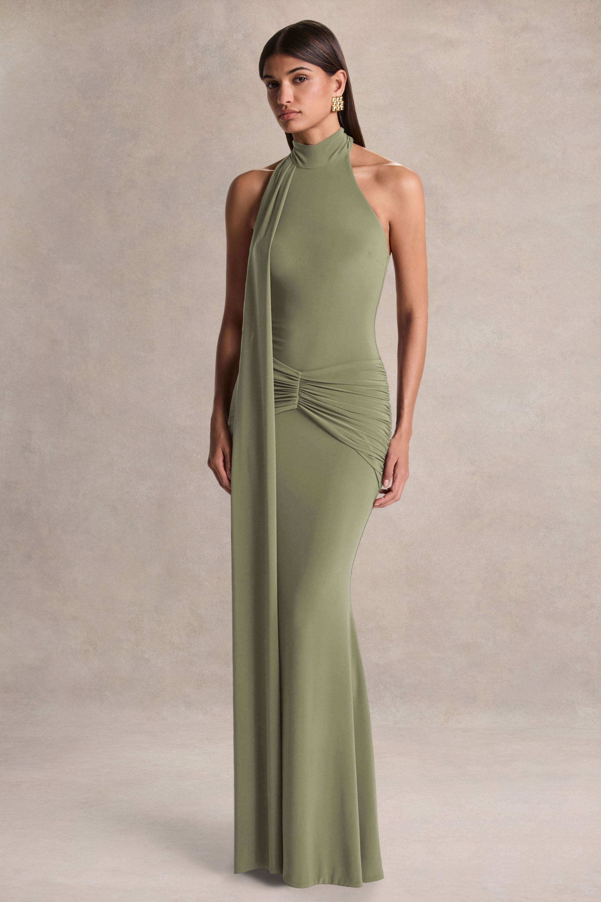 Hyla | Green High-Neck Maxi Dress With Sash-Detail