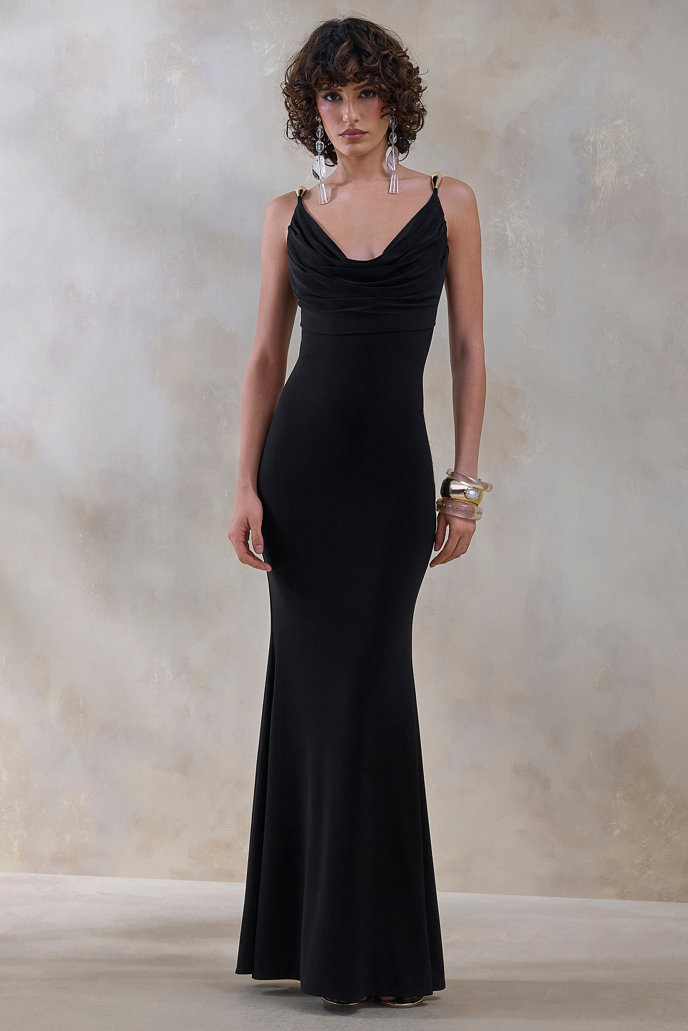 Iridessa | Black Plunge-Neck Maxi Dress