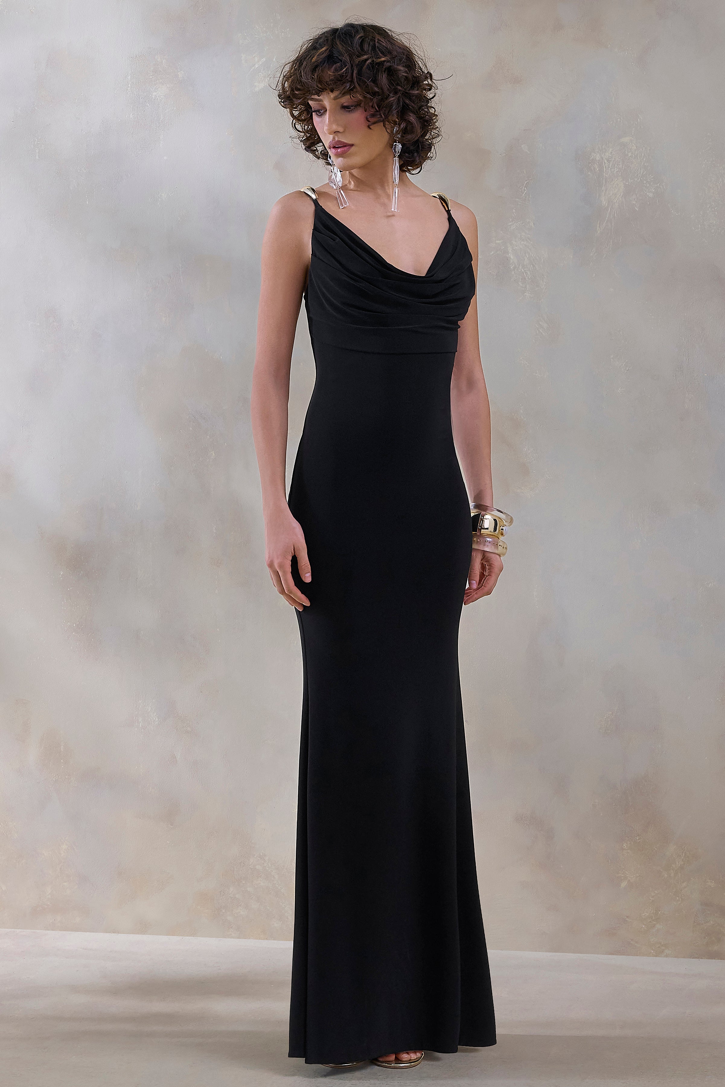Iridessa | Black Plunge-Neck Maxi Dress