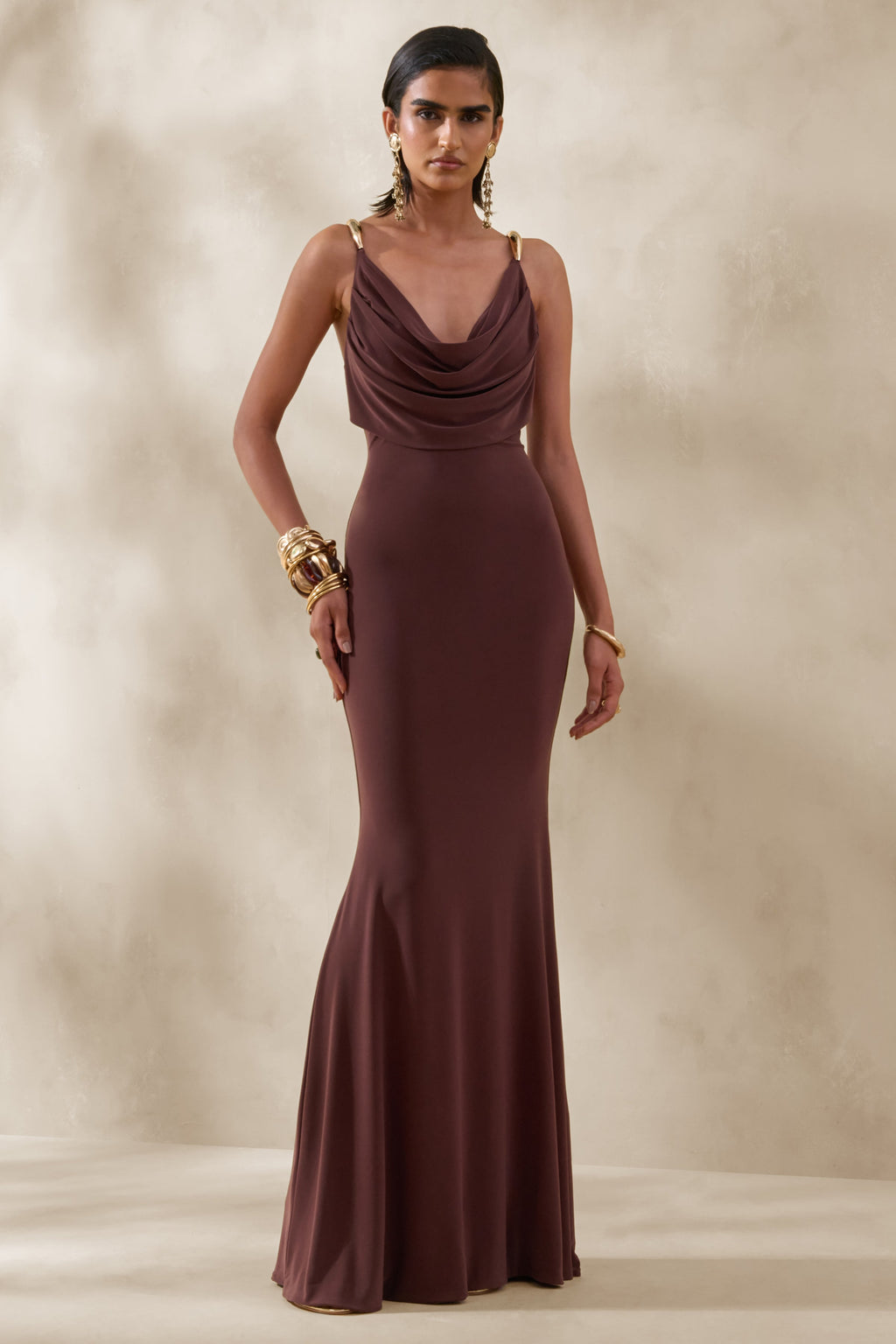 Iridessa | Brown Plunge-Neck Maxi Dress