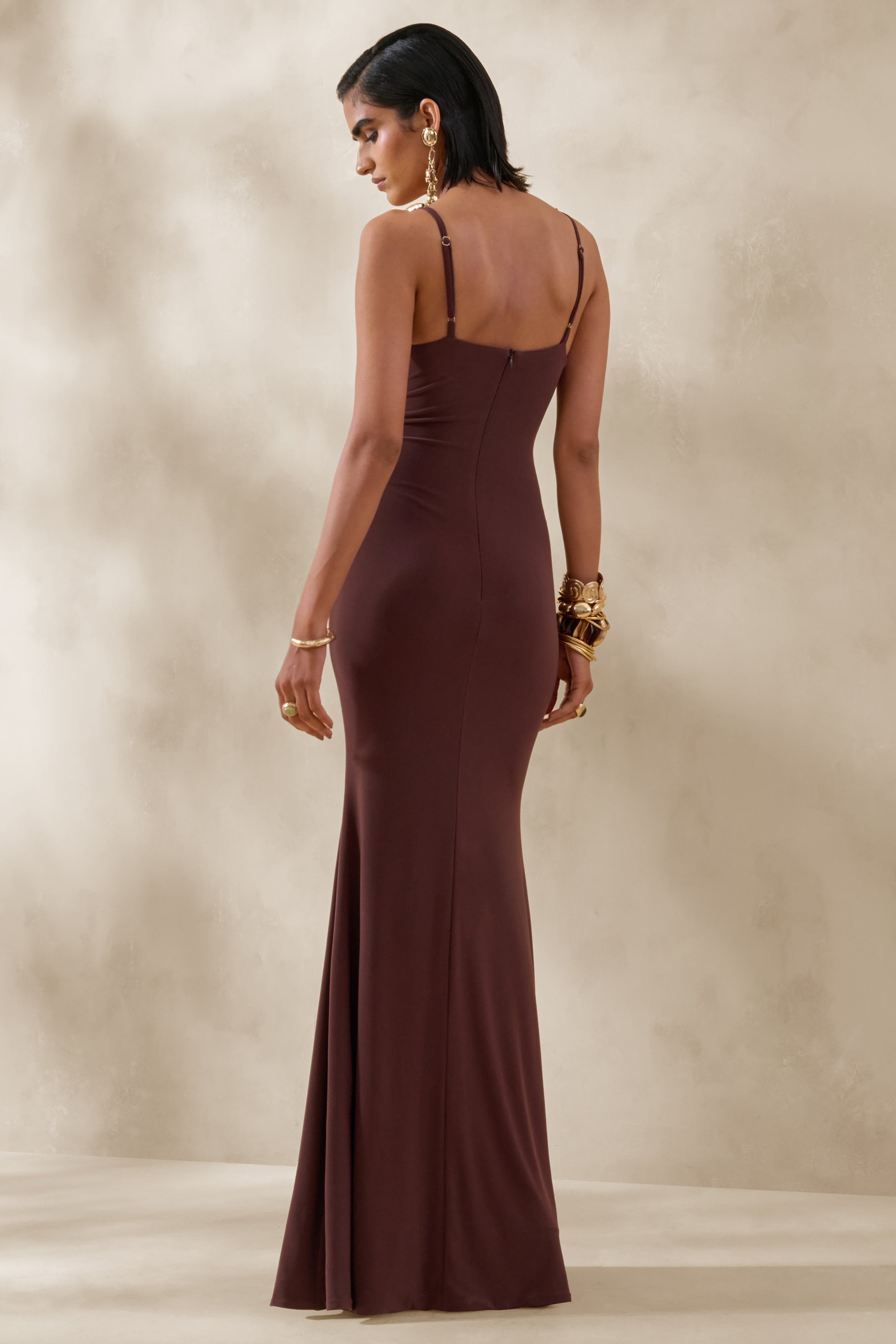 Iridessa | Brown Plunge-Neck Maxi Dress
